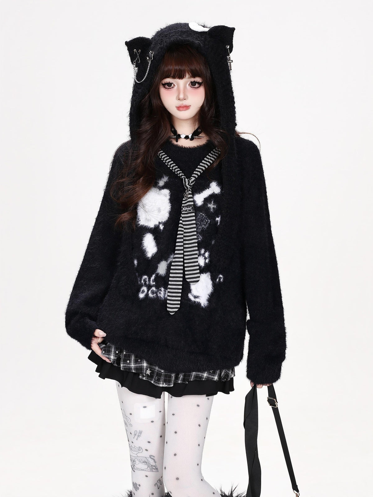 CRAZYGIRL Crazygirl Cat Striped Tie Crewneck Loose Knit Faux Mink Women&