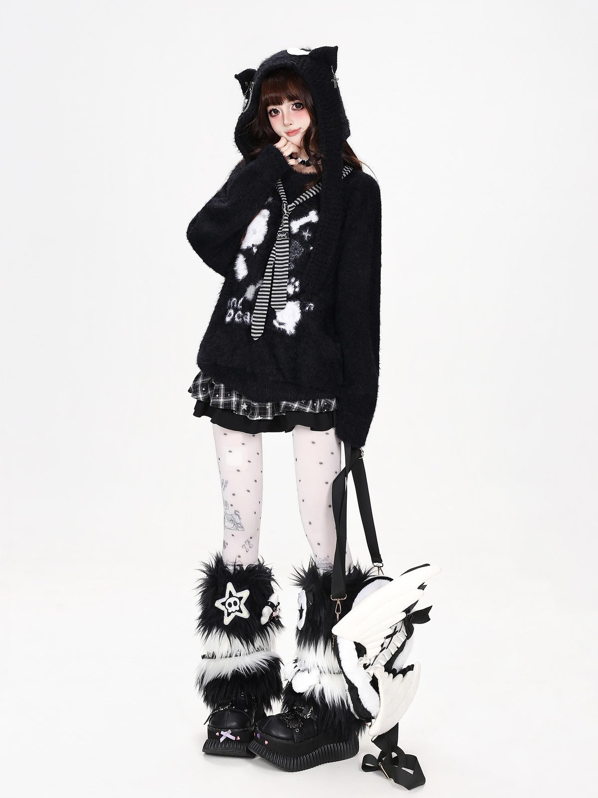 CRAZYGIRL Crazygirl Cat Striped Tie Crewneck Loose Knit Faux Mink Women&