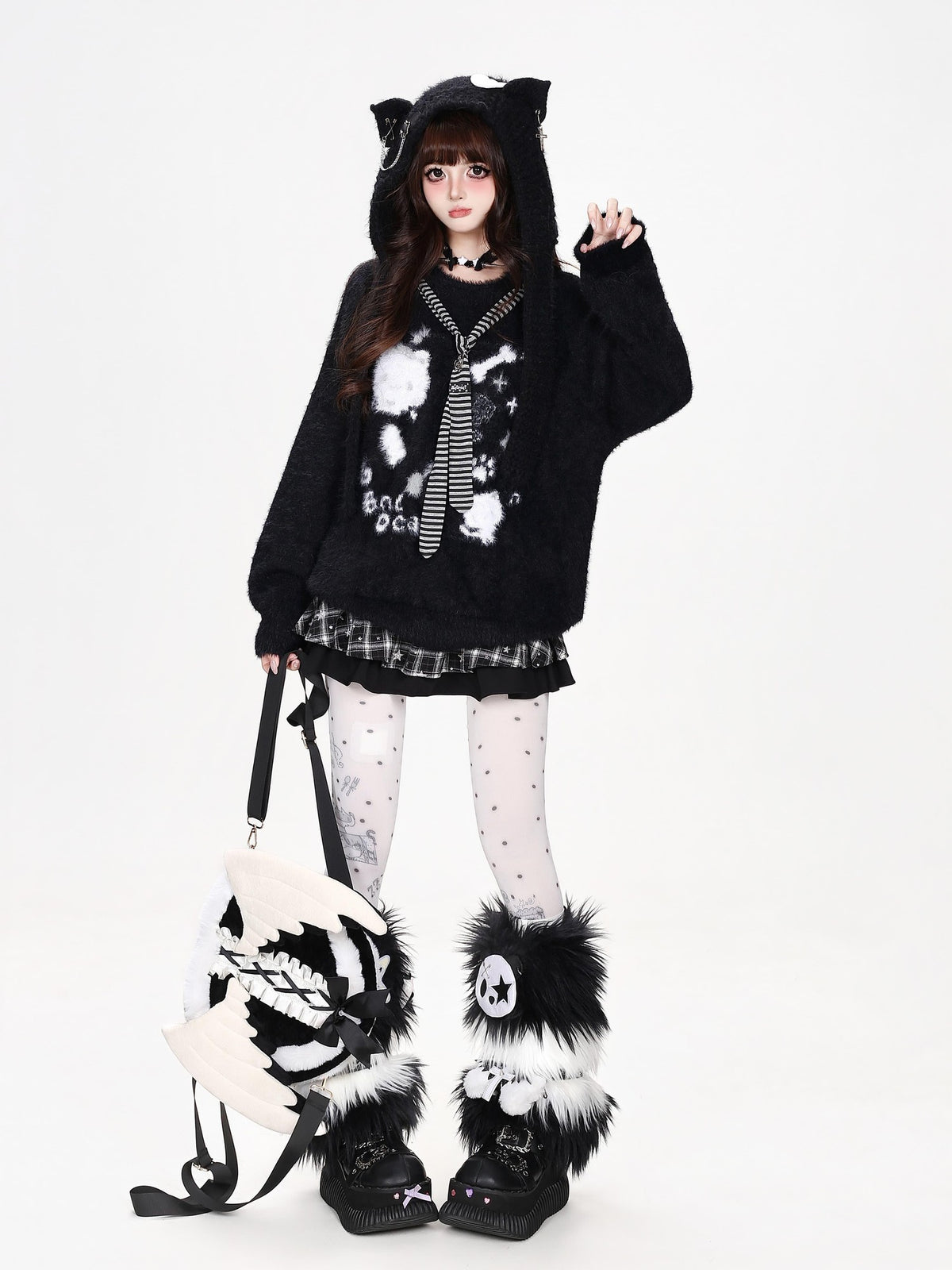 CRAZYGIRL Crazygirl Cat Striped Tie Crewneck Loose Knit Faux Mink Women&