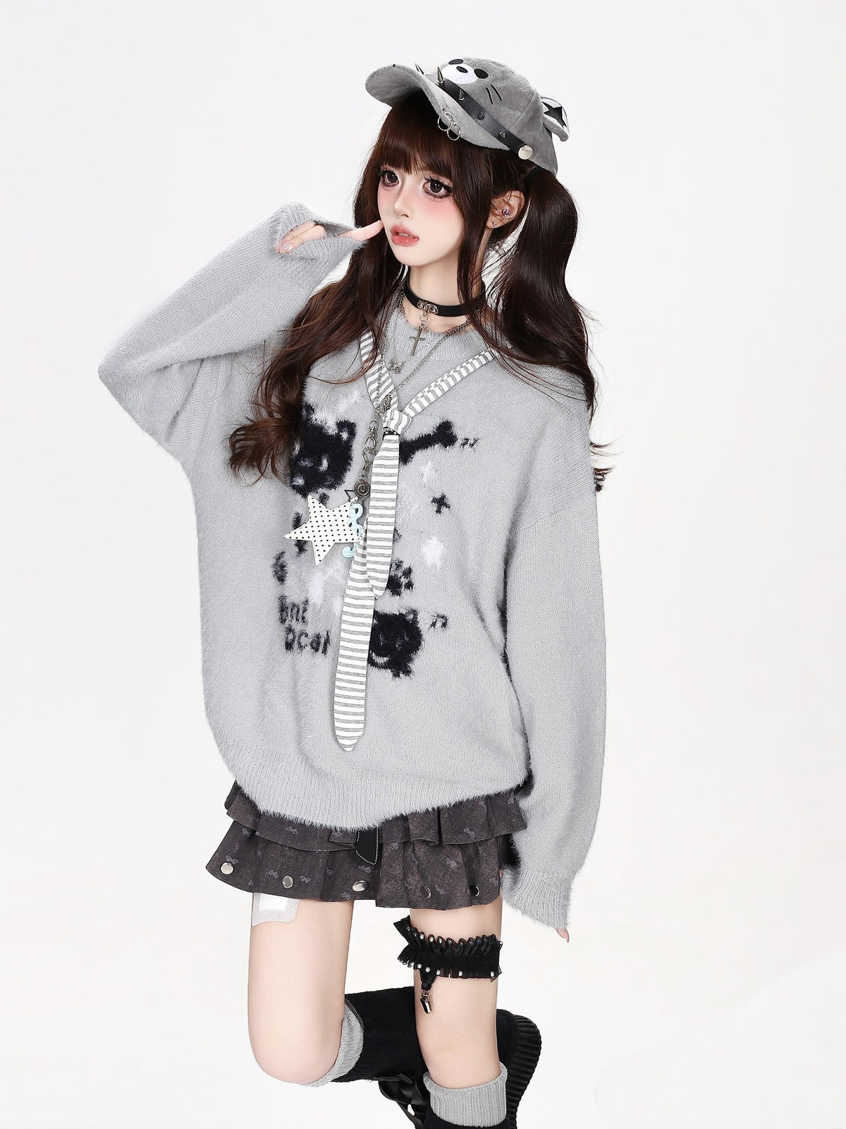 CRAZYGIRL Crazygirl Cat Striped Tie Crewneck Loose Knit Faux Mink Women&