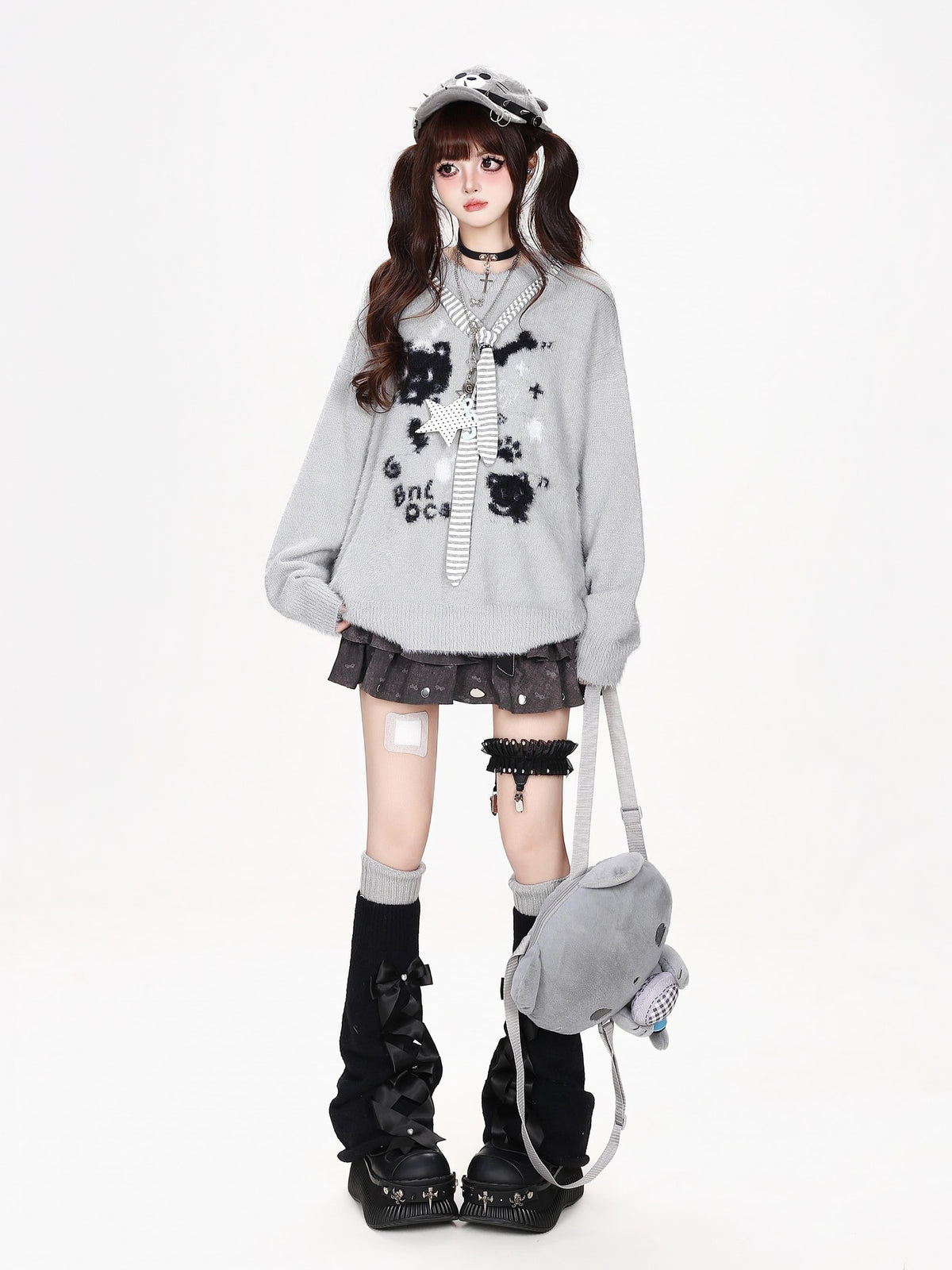 CRAZYGIRL Crazygirl Cat Striped Tie Crewneck Loose Knit Faux Mink Women&