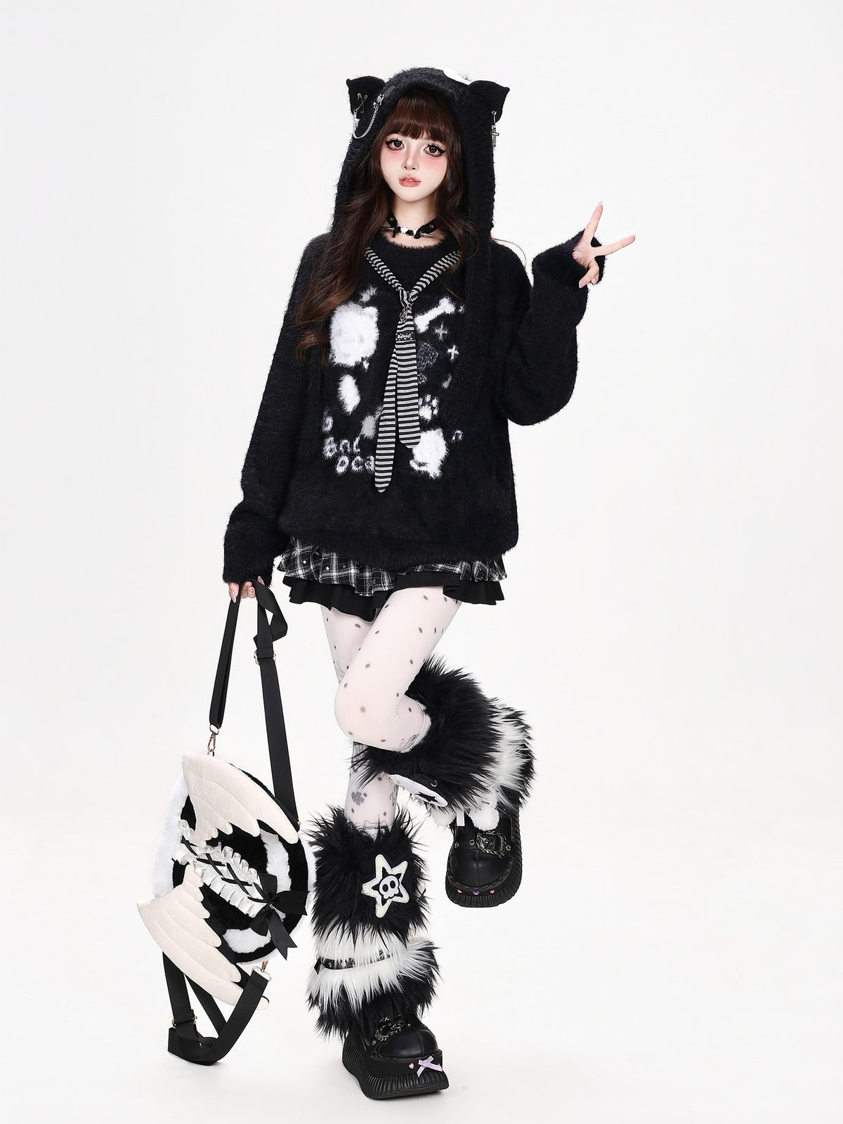 CRAZYGIRL Crazygirl Cat Striped Tie Crewneck Loose Knit Faux Mink Women&