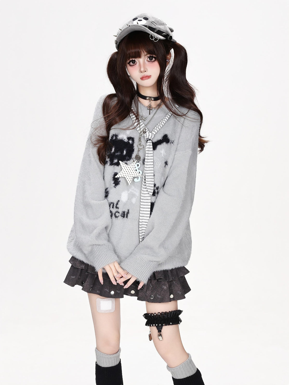CRAZYGIRL Crazygirl Cat Striped Tie Crewneck Loose Knit Faux Mink Women&