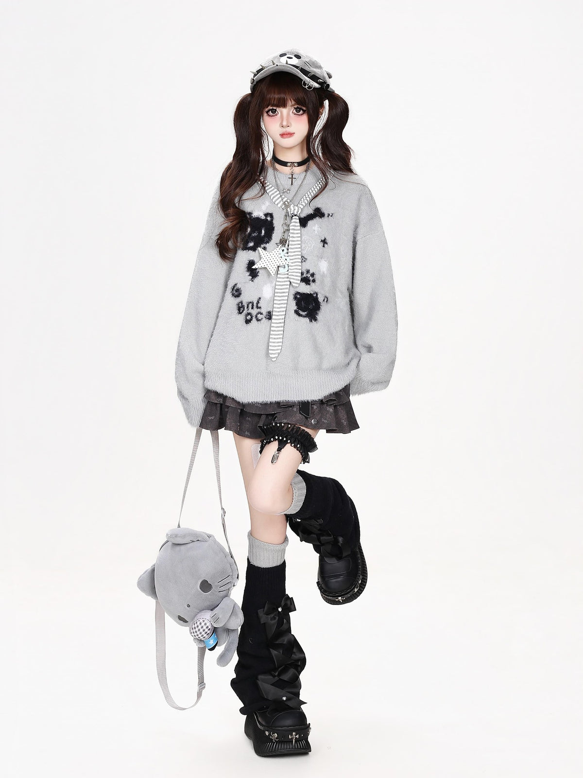CRAZYGIRL Crazygirl Cat Striped Tie Crewneck Loose Knit Faux Mink Women&