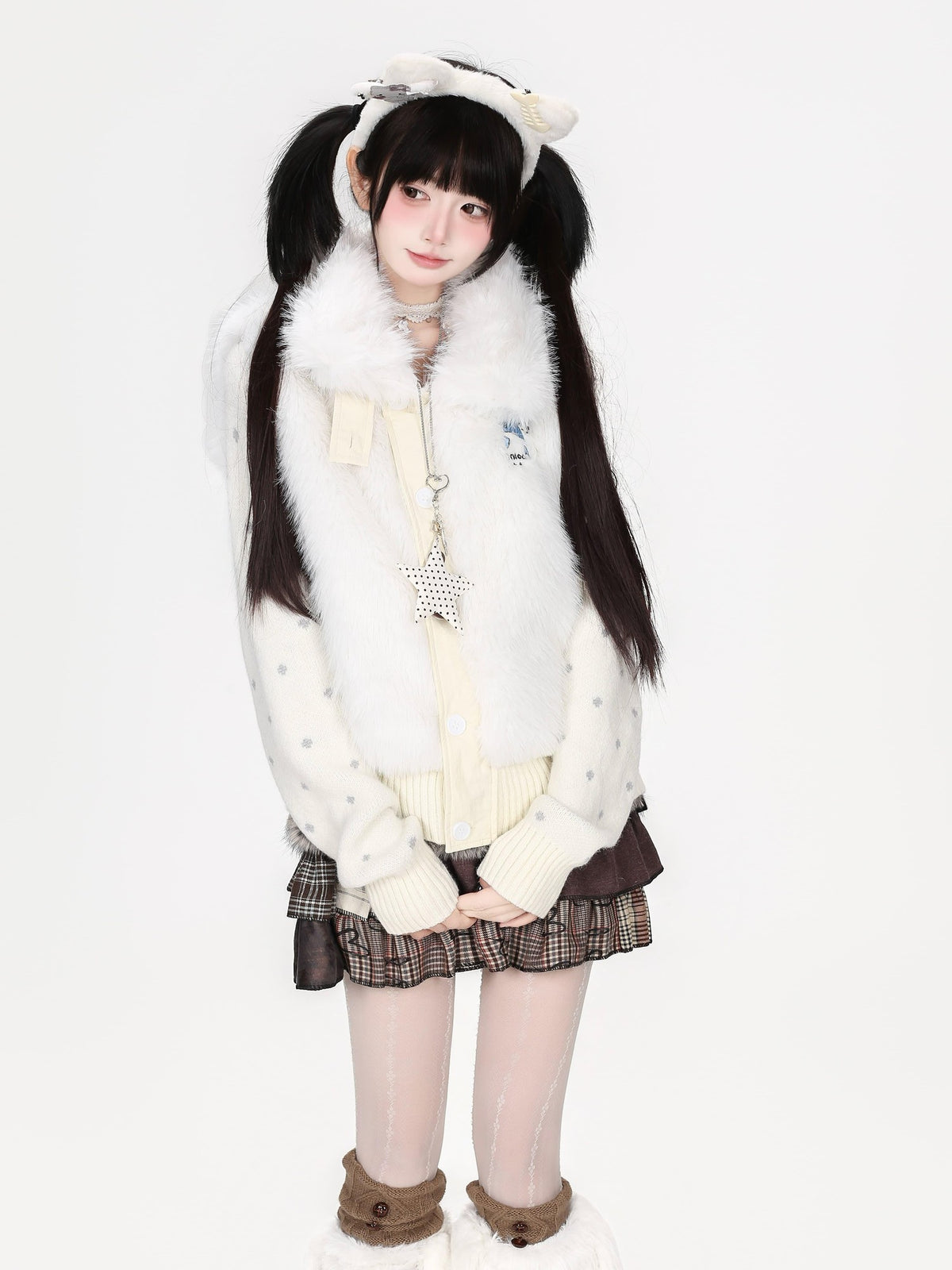CRAZYGIRL Faux Fur Stand Collar Knit Sleeve Panel Women&