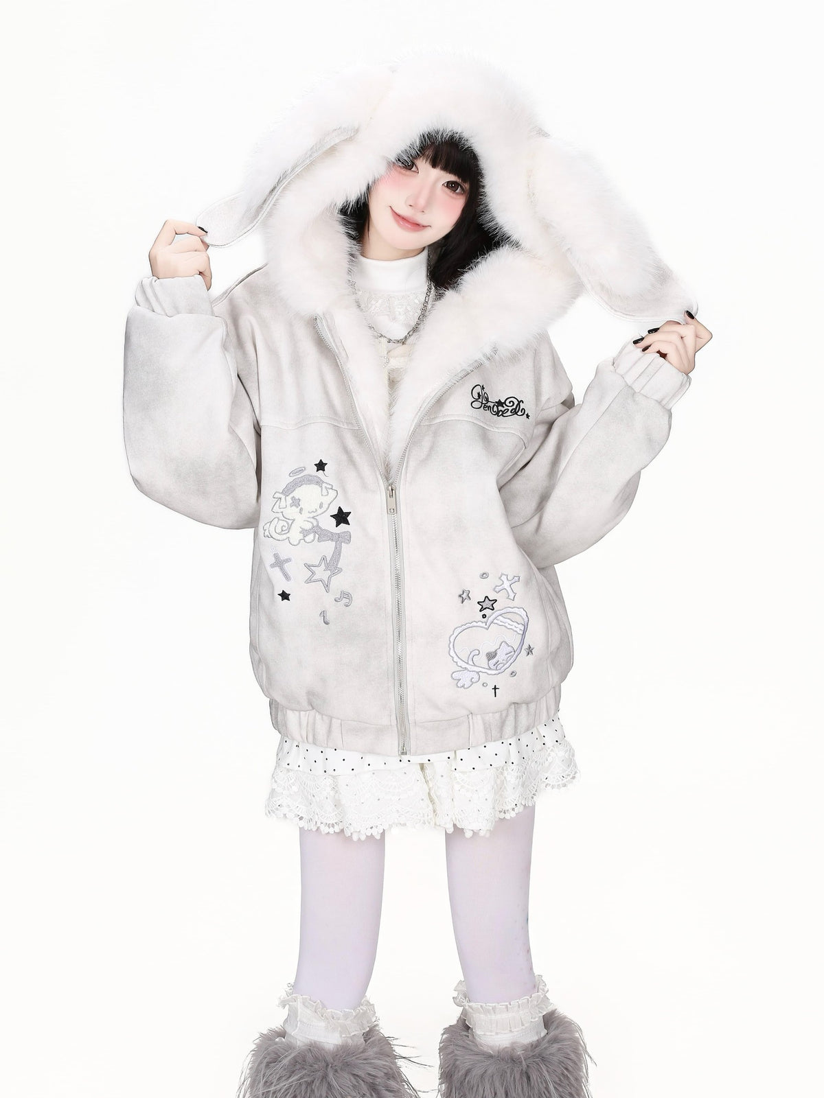 CRAZYGIRL Faux Suede Rabbit Ear Tie Dye Heart Hooded Women&