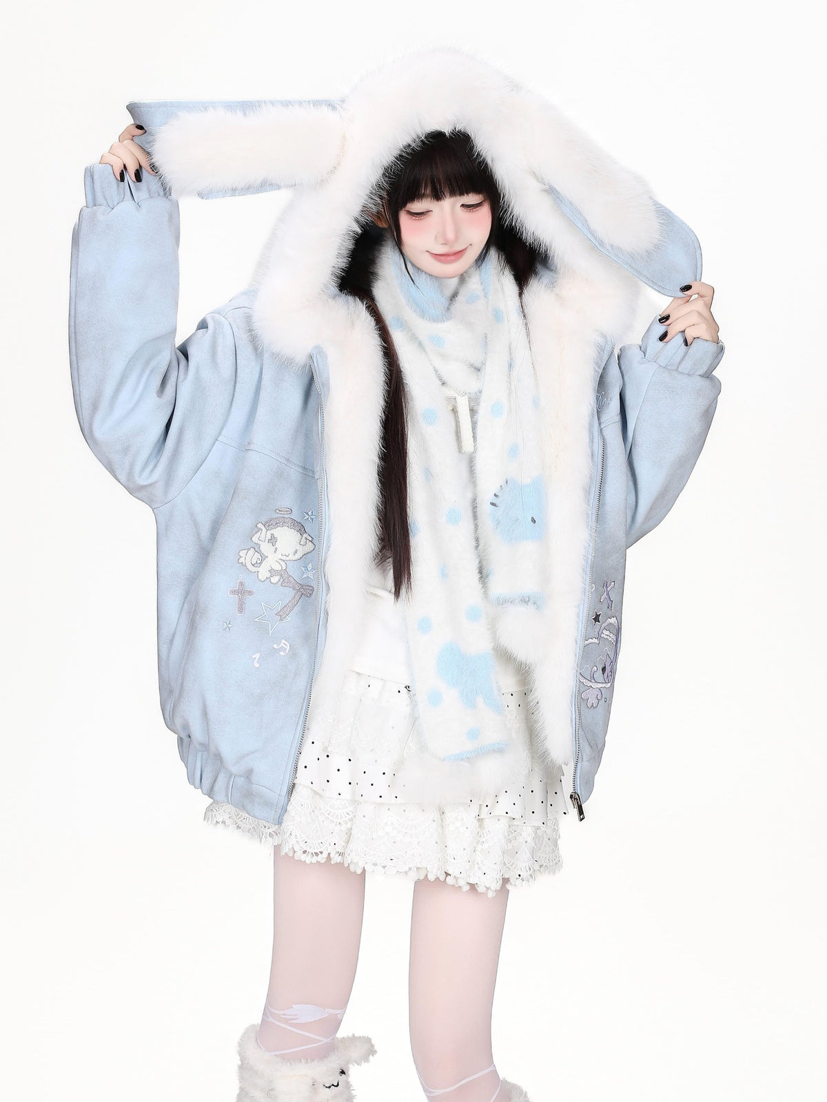 CRAZYGIRL Faux Suede Rabbit Ear Tie Dye Heart Hooded Women&