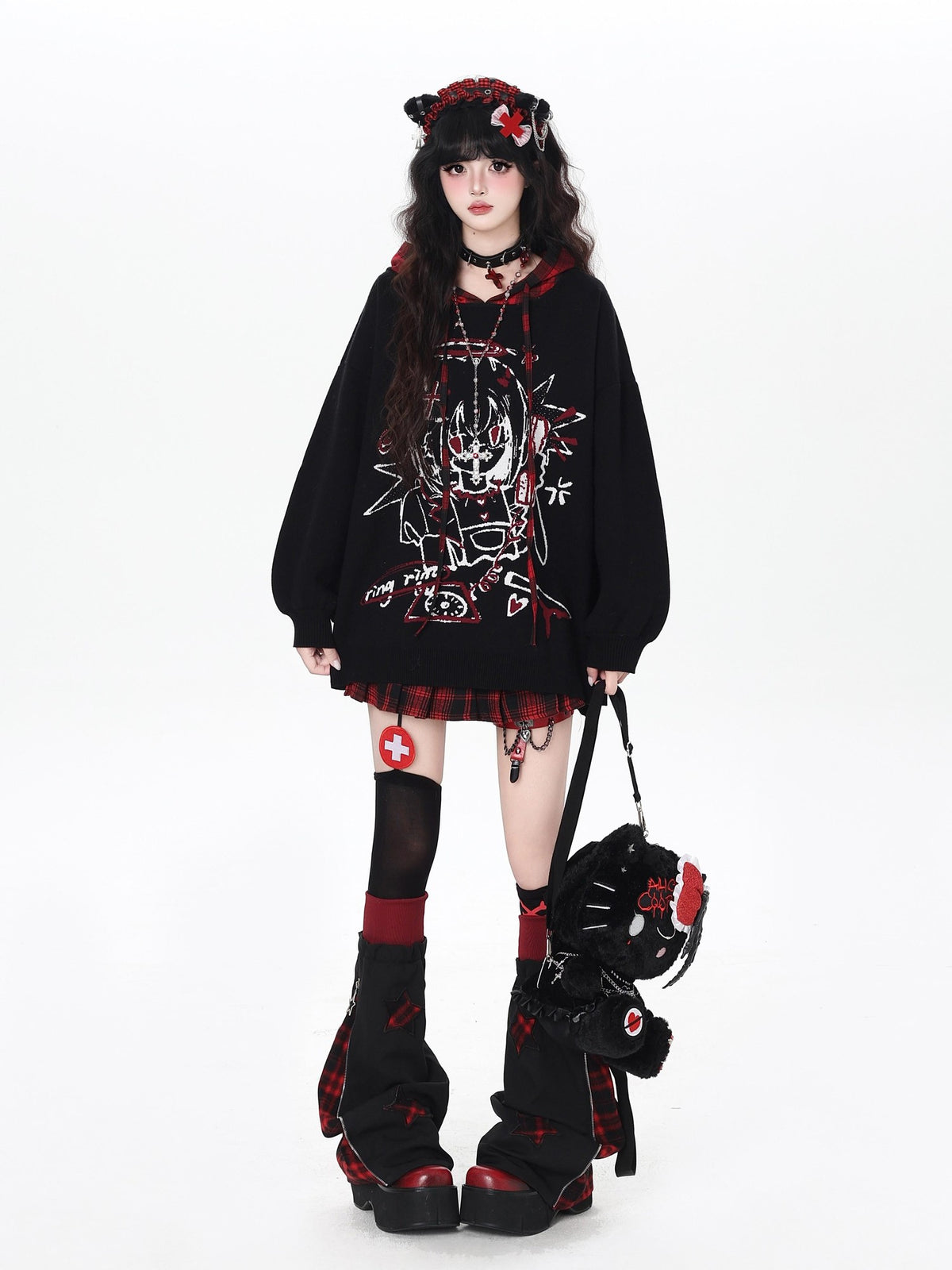 Gothic Cartoon Anime Print Hooded Lantern Sleeve Women&