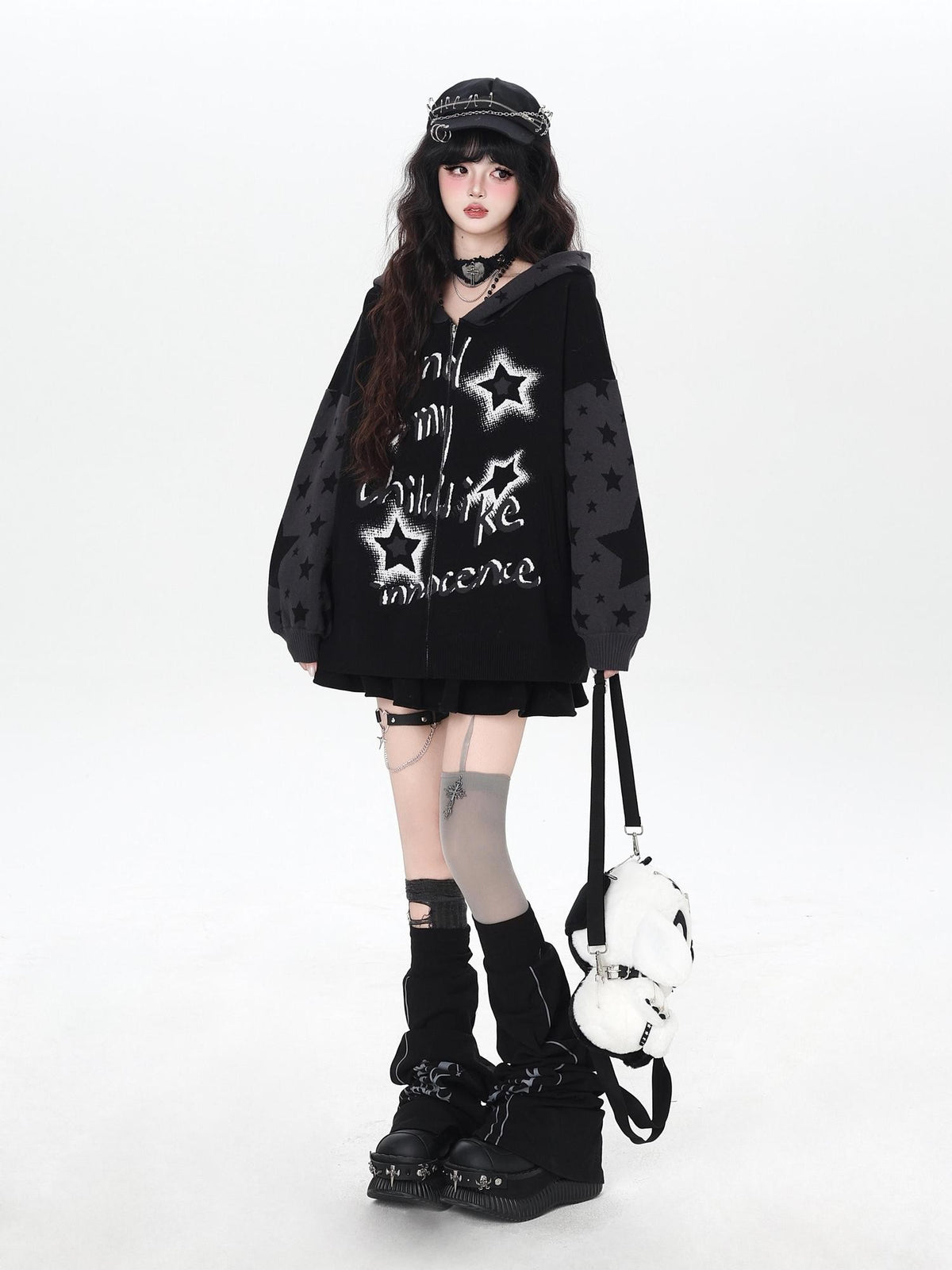 CRAZYGIRL Gothic Hooded Lantern Sleeve Loose Zip Up Women&