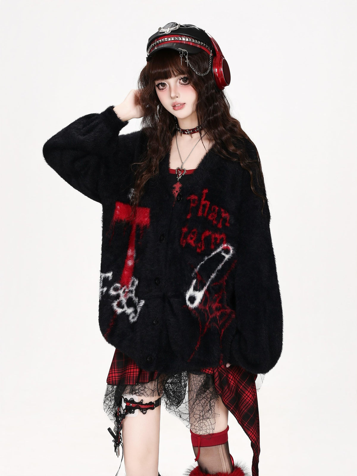 CRAZYGIRL Gothic Letter Print Faux Mink Loose Fit Long Sleeve V-neck Women&
