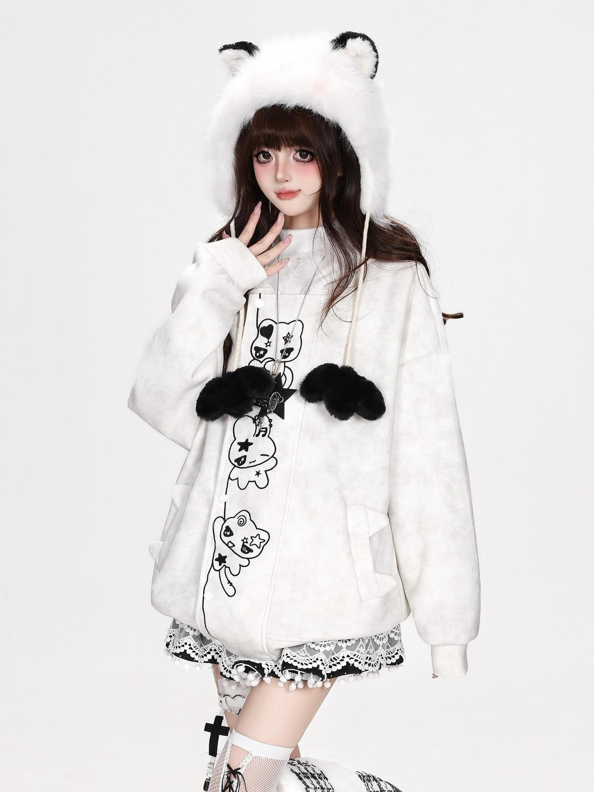 CRAZYGIRL Grey White Tie Dye Cartoon Embroidered Faux Fur Hooded Loose Women&