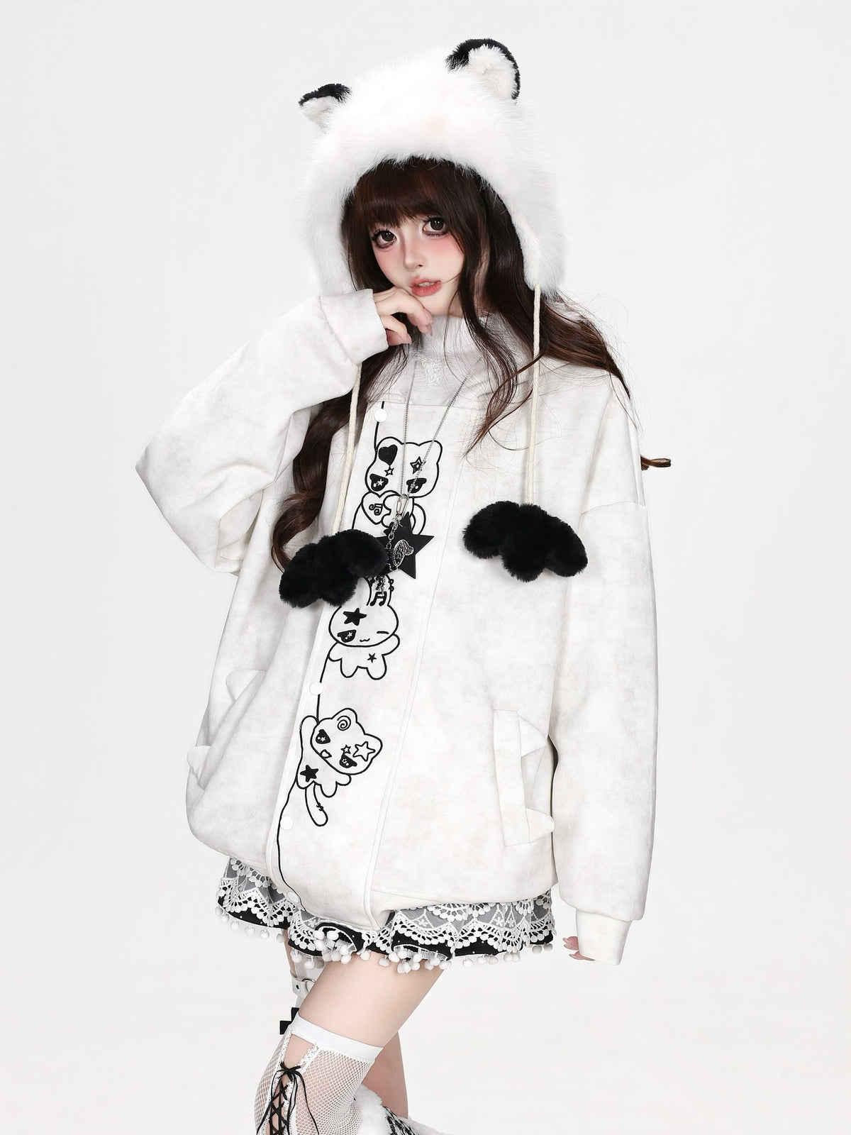 CRAZYGIRL Grey White Tie Dye Cartoon Embroidered Faux Fur Hooded Loose Women&