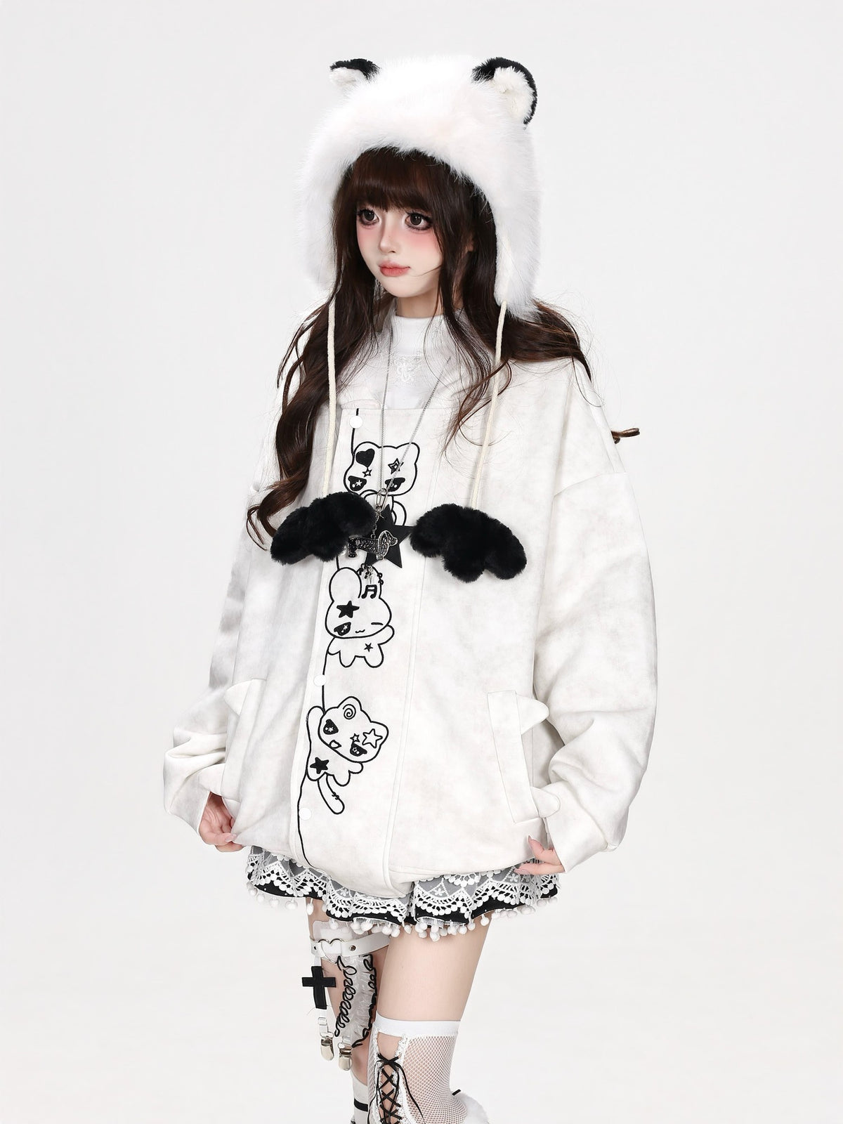 CRAZYGIRL Grey White Tie Dye Cartoon Embroidered Faux Fur Hooded Loose Women&