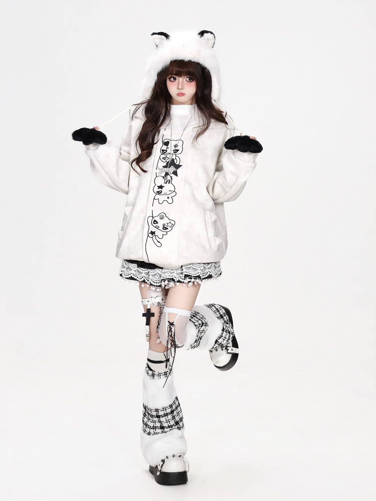 CRAZYGIRL Grey White Tie Dye Cartoon Embroidered Faux Fur Hooded Loose Women&