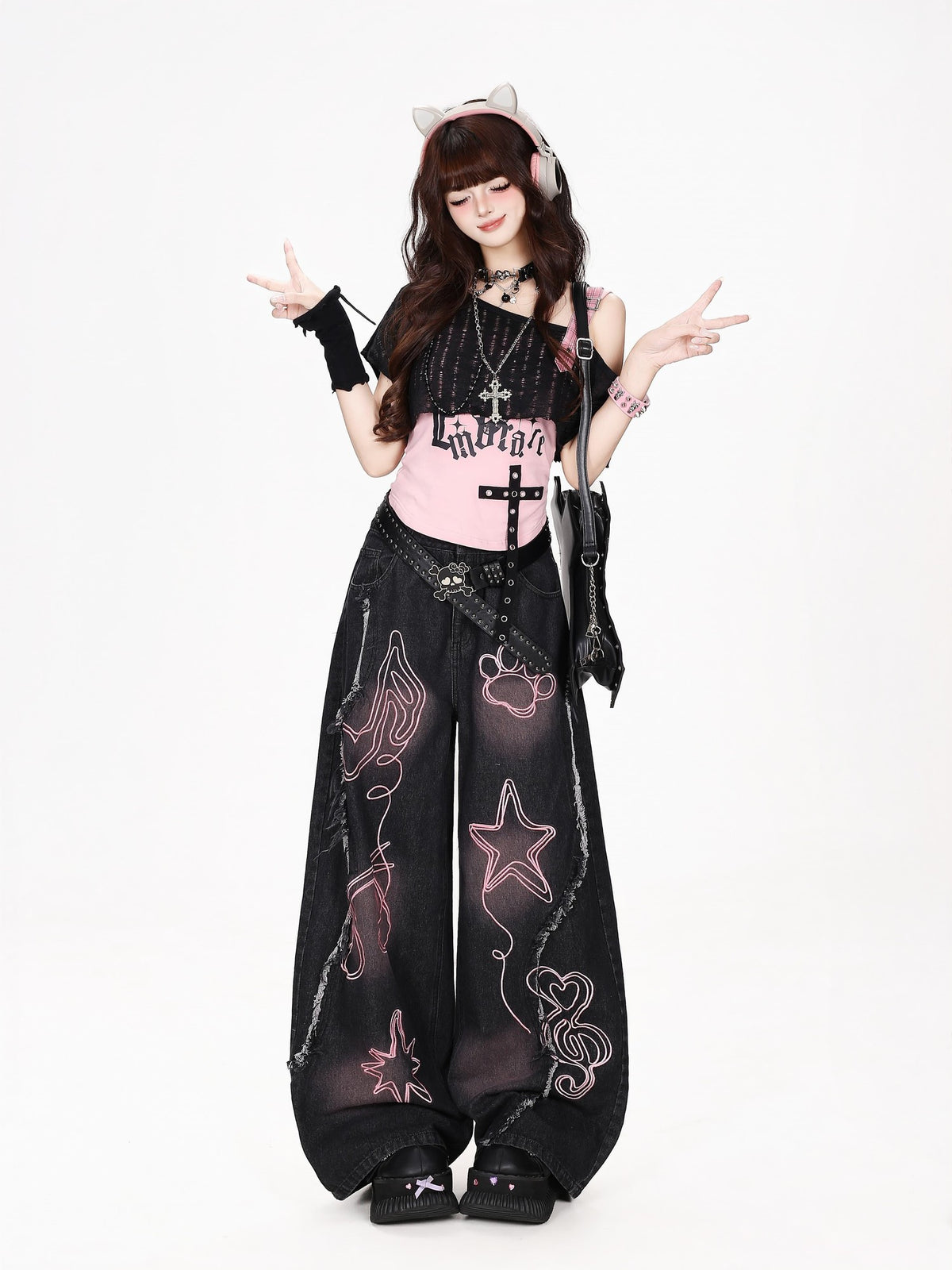 CRAZYGIRL Line Graffiti Embroidered Loose Women&