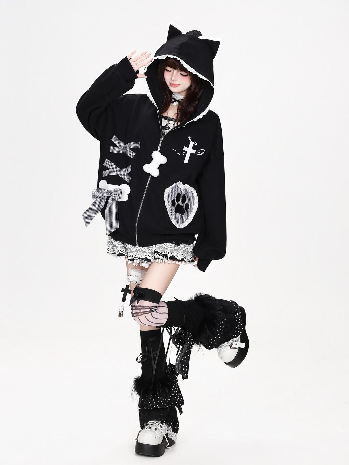CRAZYGIRL Plaid Bow Heart Print Hooded Women&