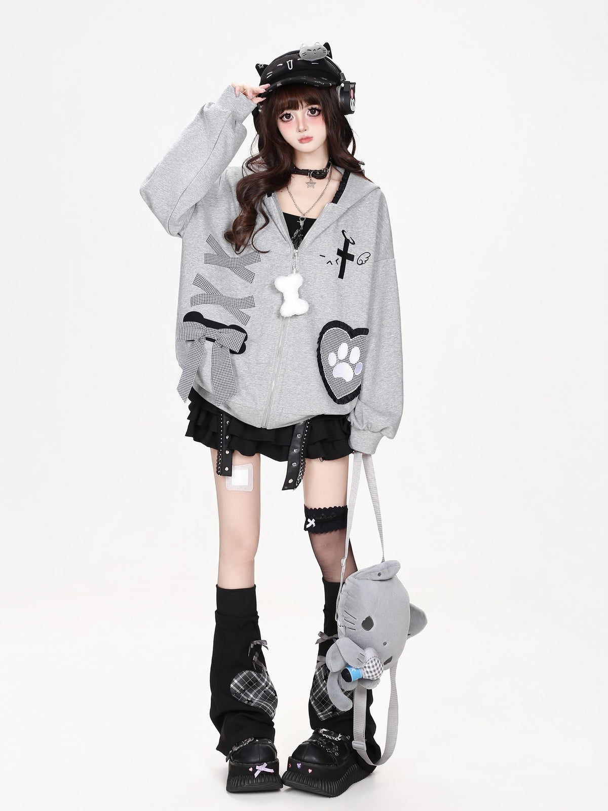 CRAZYGIRL Plaid Bow Heart Print Hooded Women&
