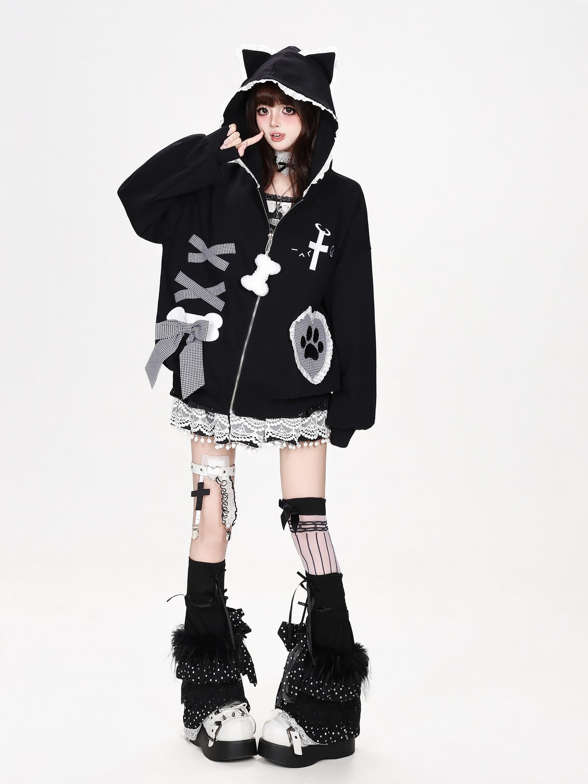 CRAZYGIRL Plaid Bow Heart Print Hooded Women&
