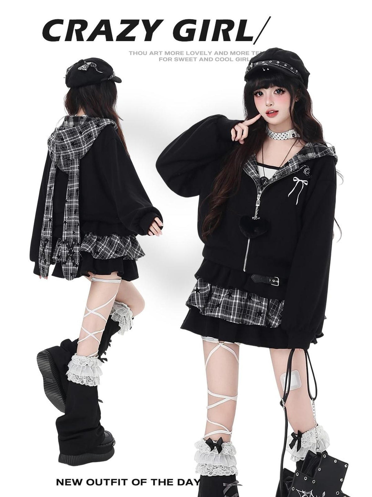 CRAZYGIRL Plaid Rabbit Ear Embroidered Hooded Loose Women&