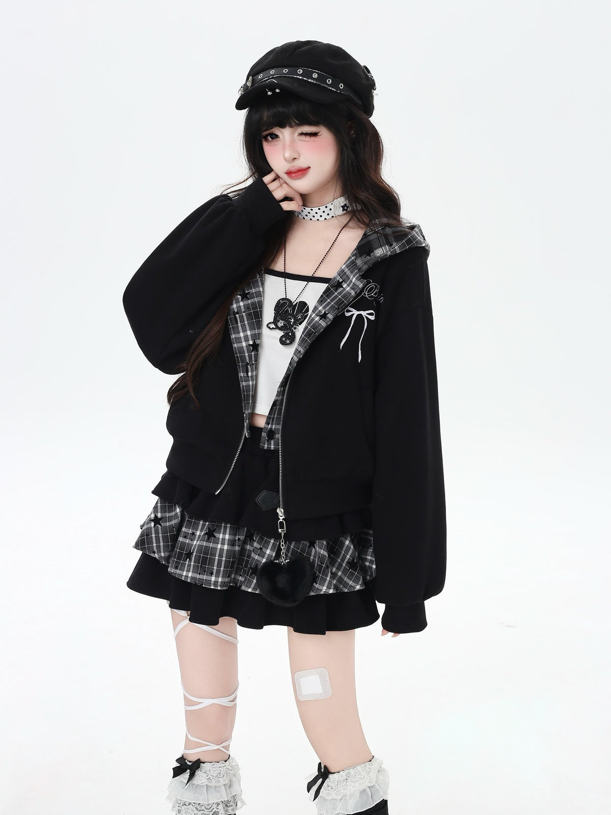 CRAZYGIRL Plaid Rabbit Ear Embroidered Hooded Loose Women&