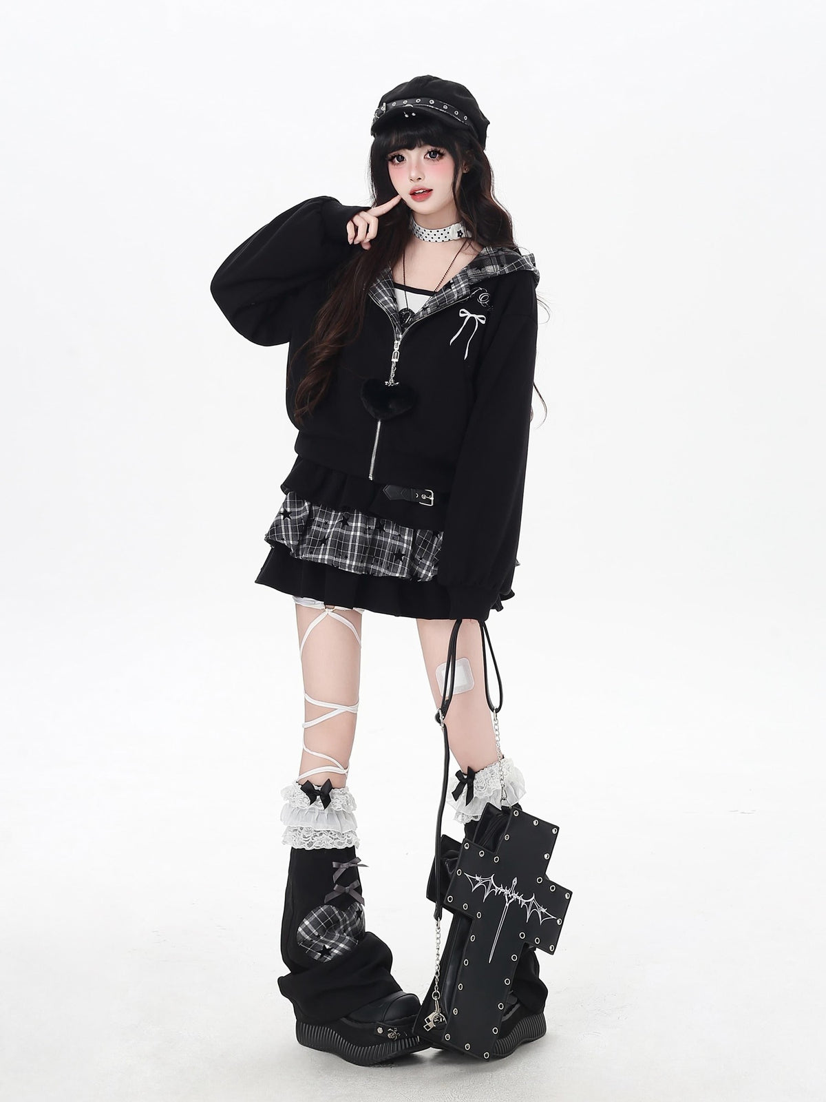 CRAZYGIRL Plaid Rabbit Ear Embroidered Hooded Loose Women&