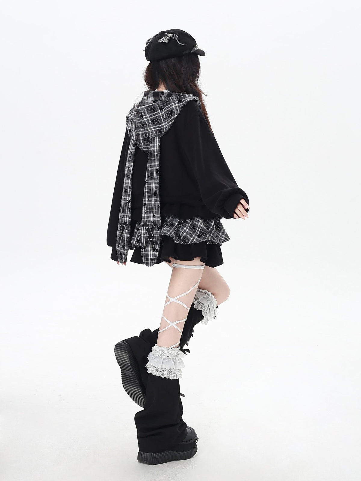 CRAZYGIRL Plaid Rabbit Ear Embroidered Hooded Loose Women&