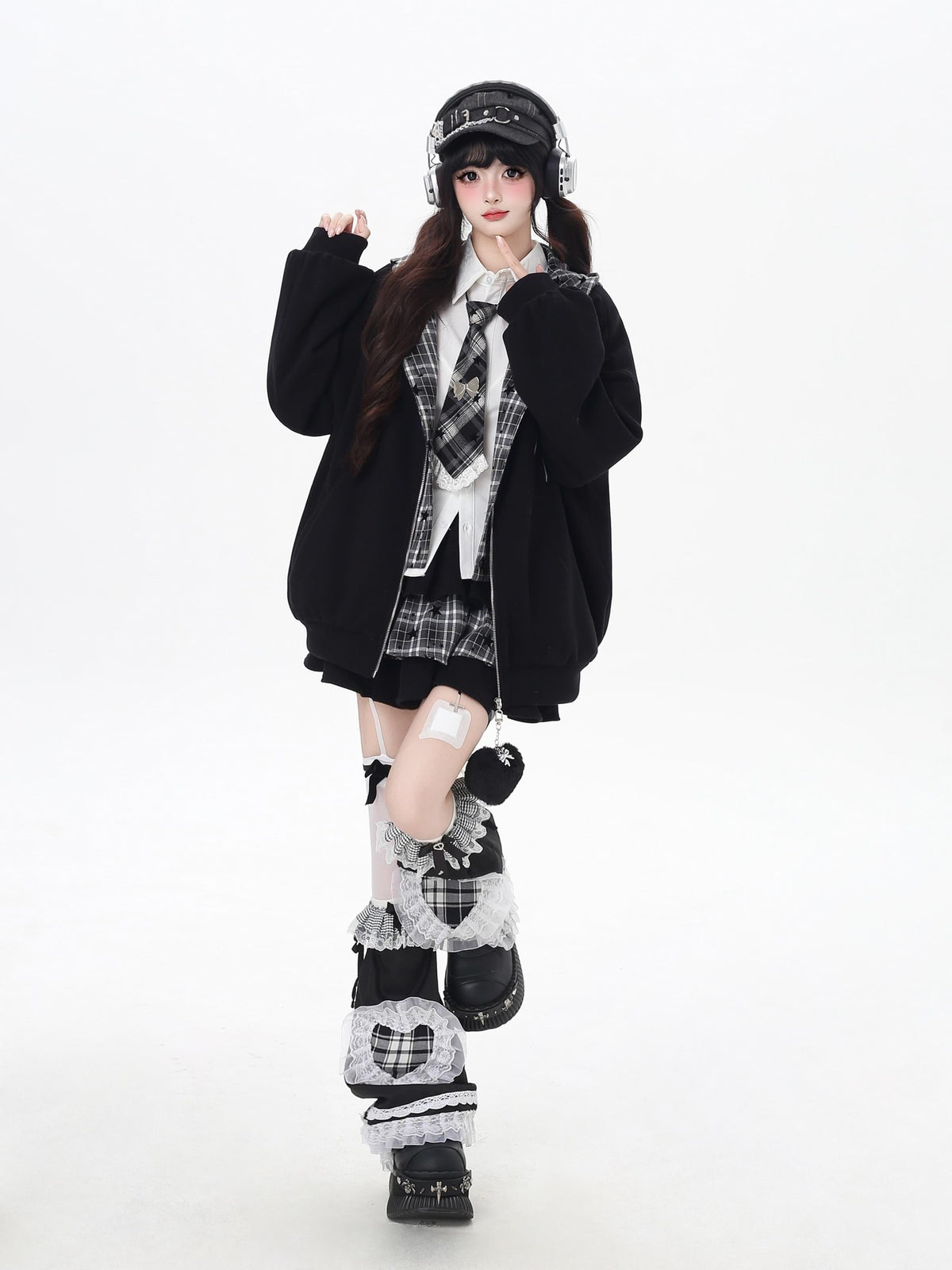 CRAZYGIRL Plaid Rabbit Ear Embroidered Hooded Loose Women&