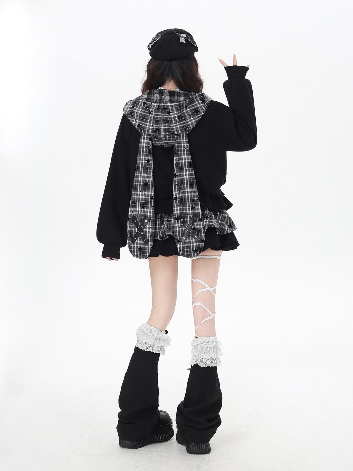 CRAZYGIRL Plaid Rabbit Ear Embroidered Hooded Loose Women&