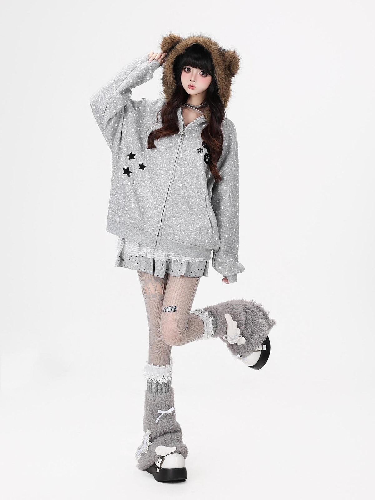 CRAZYGIRL Polka Dot Bear Embroidered Hooded Fleece Women&
