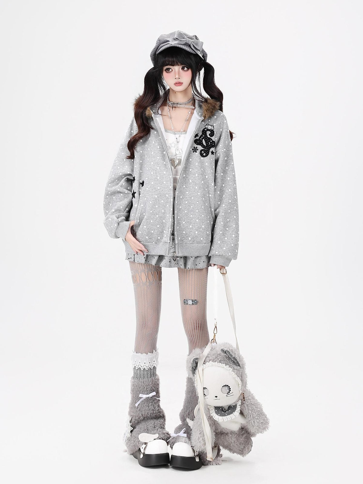 CRAZYGIRL Polka Dot Bear Embroidered Hooded Fleece Women&