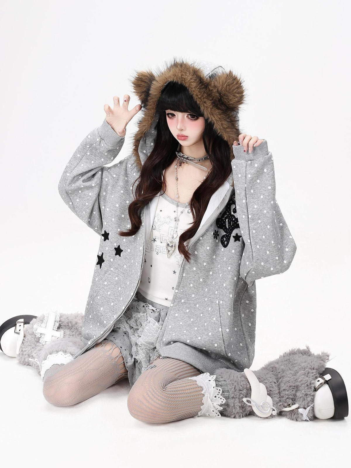 CRAZYGIRL Polka Dot Bear Embroidered Hooded Fleece Women&