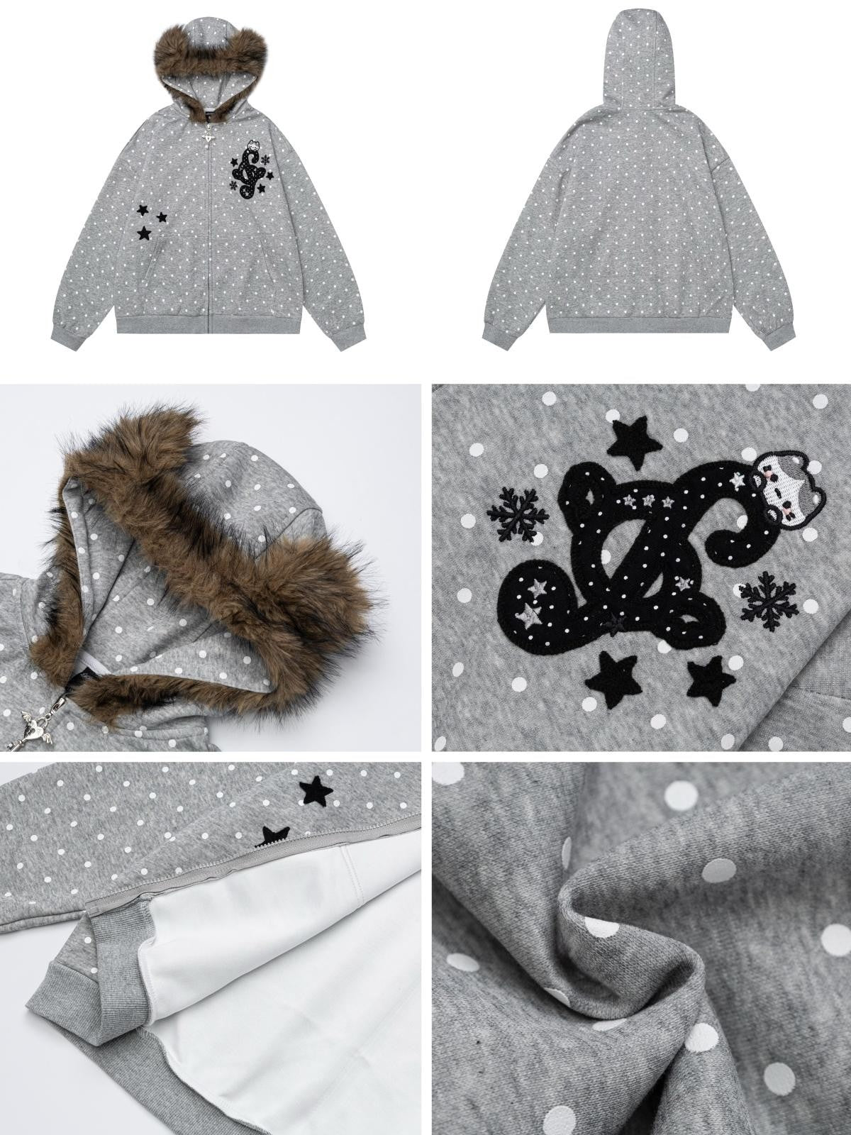 CRAZYGIRL Polka Dot Bear Embroidered Hooded Fleece Women&
