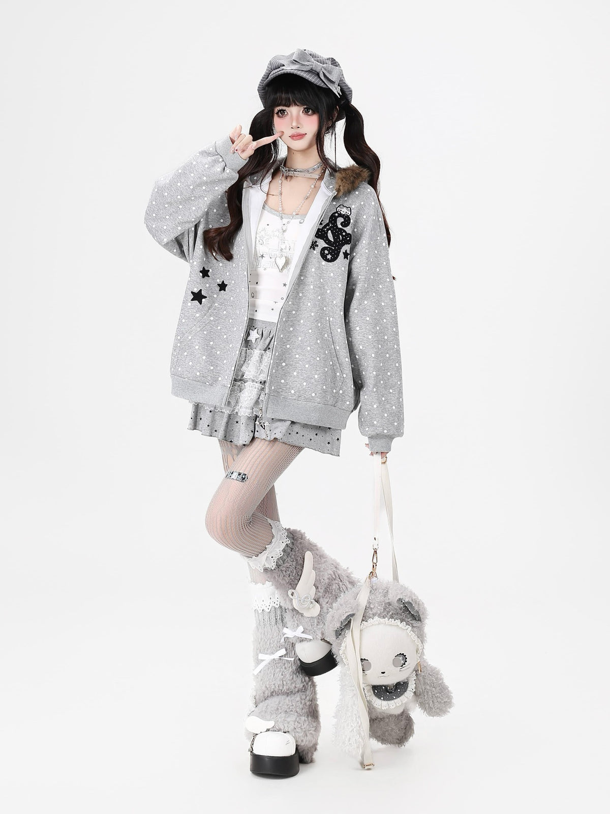 CRAZYGIRL Polka Dot Bear Embroidered Hooded Fleece Women&