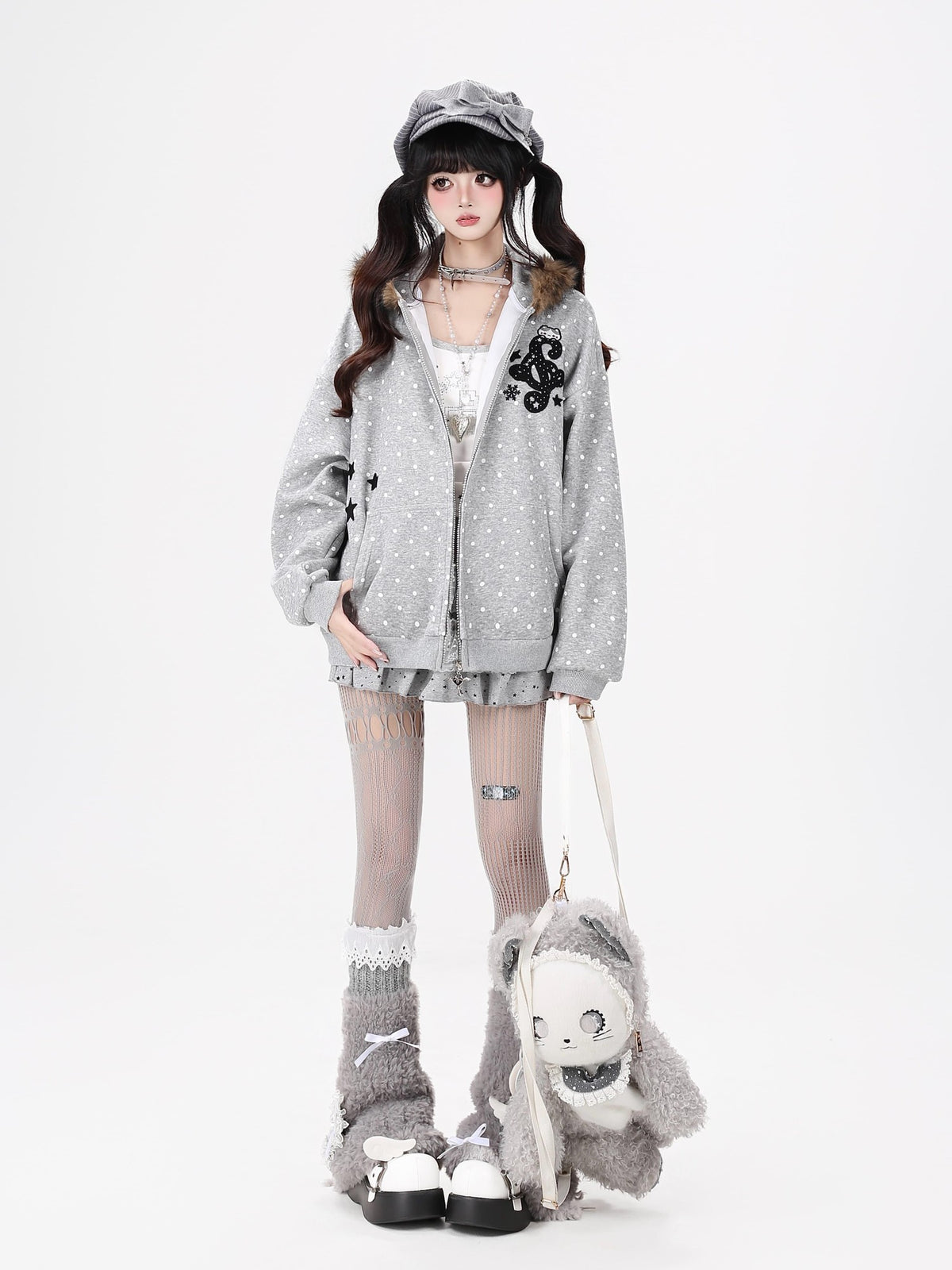 CRAZYGIRL Polka Dot Bear Embroidered Hooded Fleece Women&