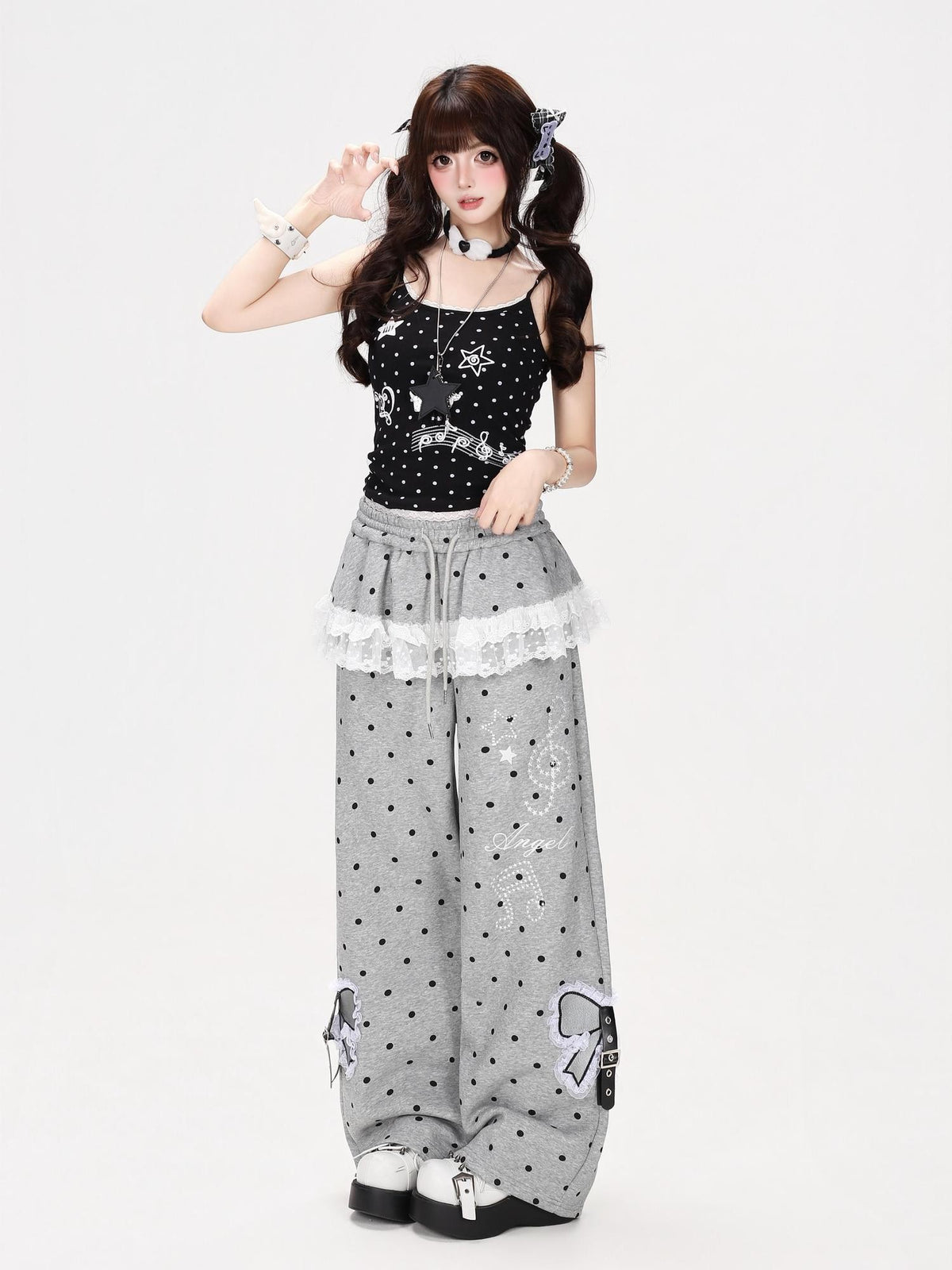 CRAZYGIRL Polka Dot Lace Bow High Waist Straight Leg Women&