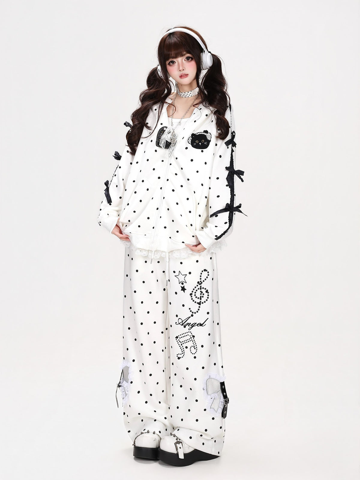 CRAZYGIRL Polka Dot Lace Bow High Waist Straight Leg Women&