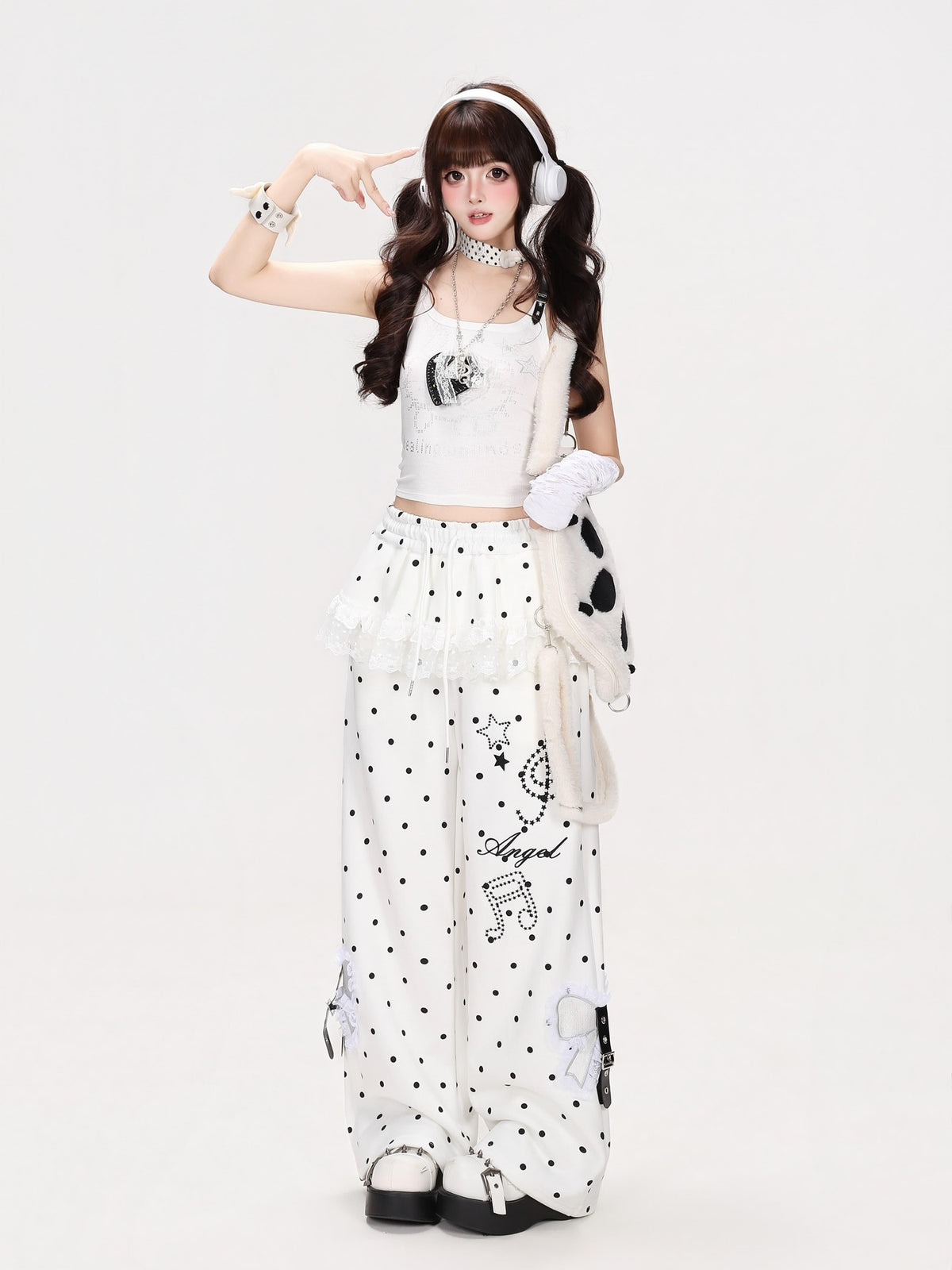 CRAZYGIRL Polka Dot Lace Bow High Waist Straight Leg Women&