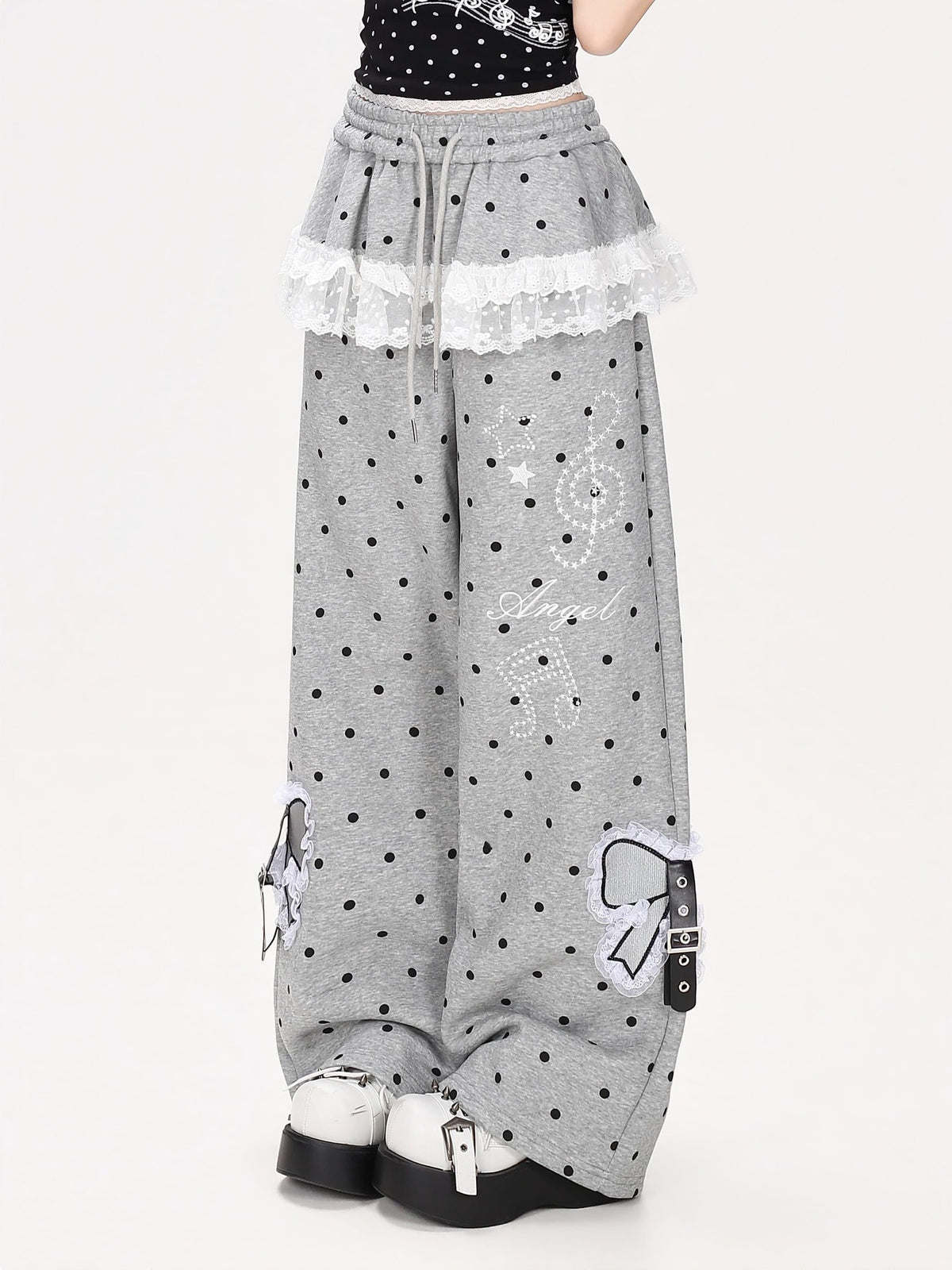 CRAZYGIRL Polka Dot Lace Bow High Waist Straight Leg Women&