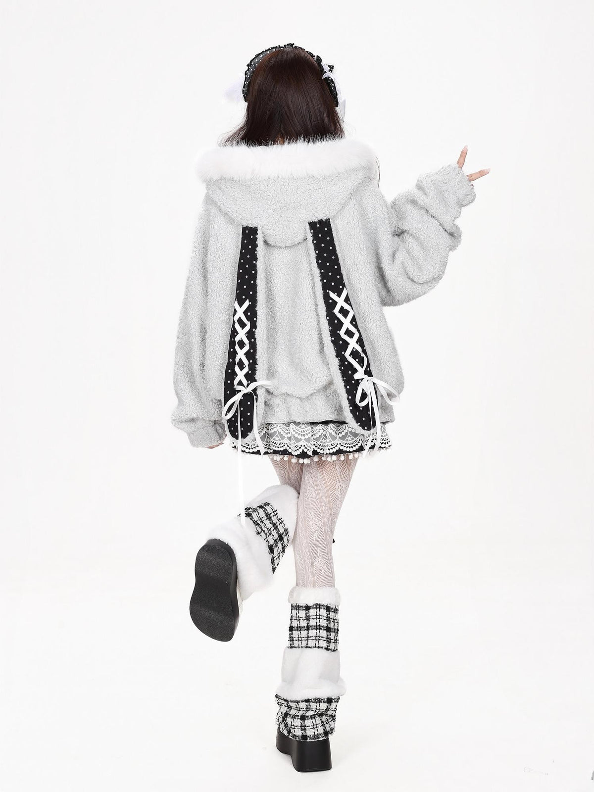 CRAZYGIRL Polka Dot Lace Up Bunny Ear Hooded Women&