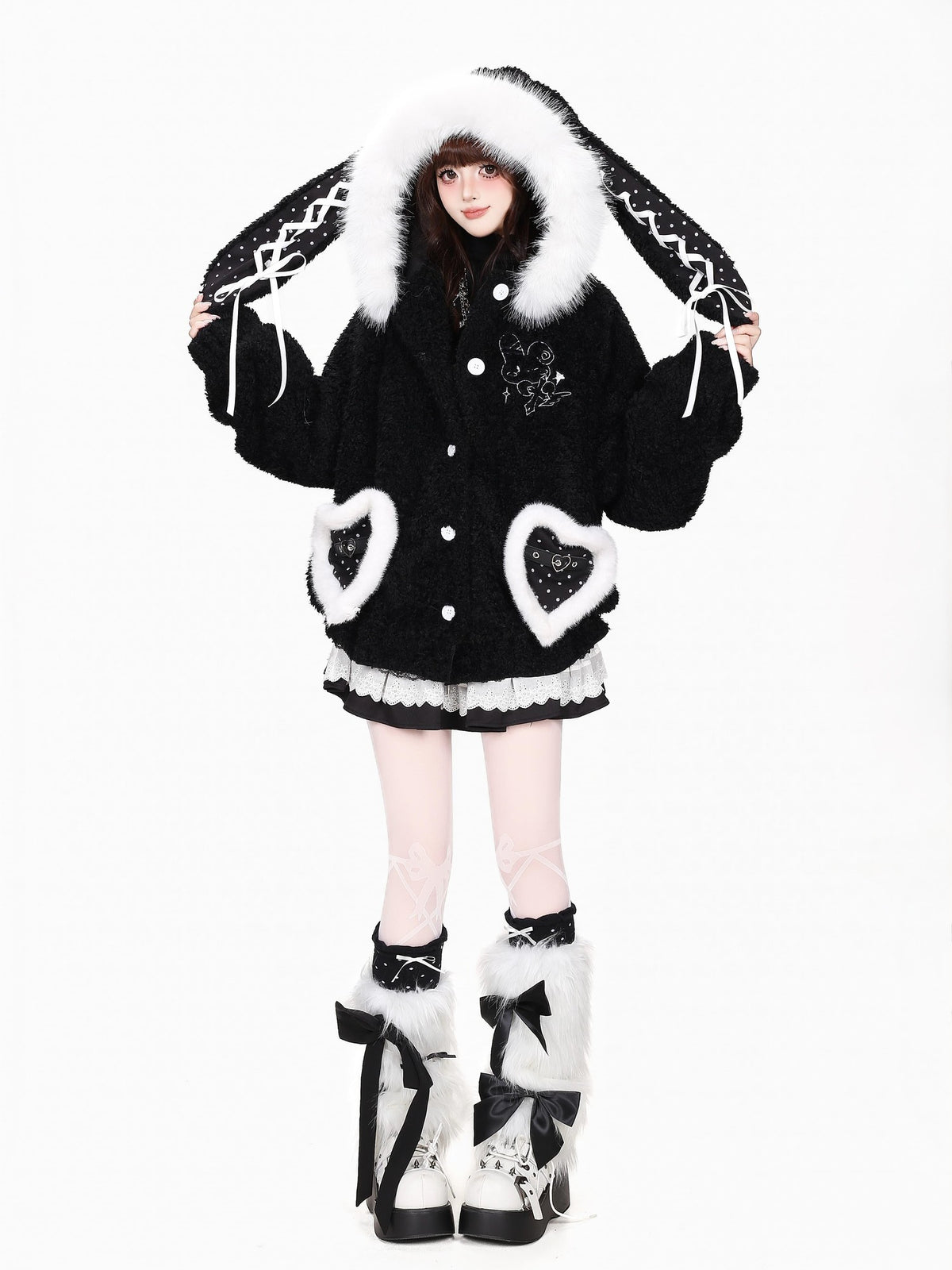 CRAZYGIRL Polka Dot Lace Up Bunny Ear Hooded Women&