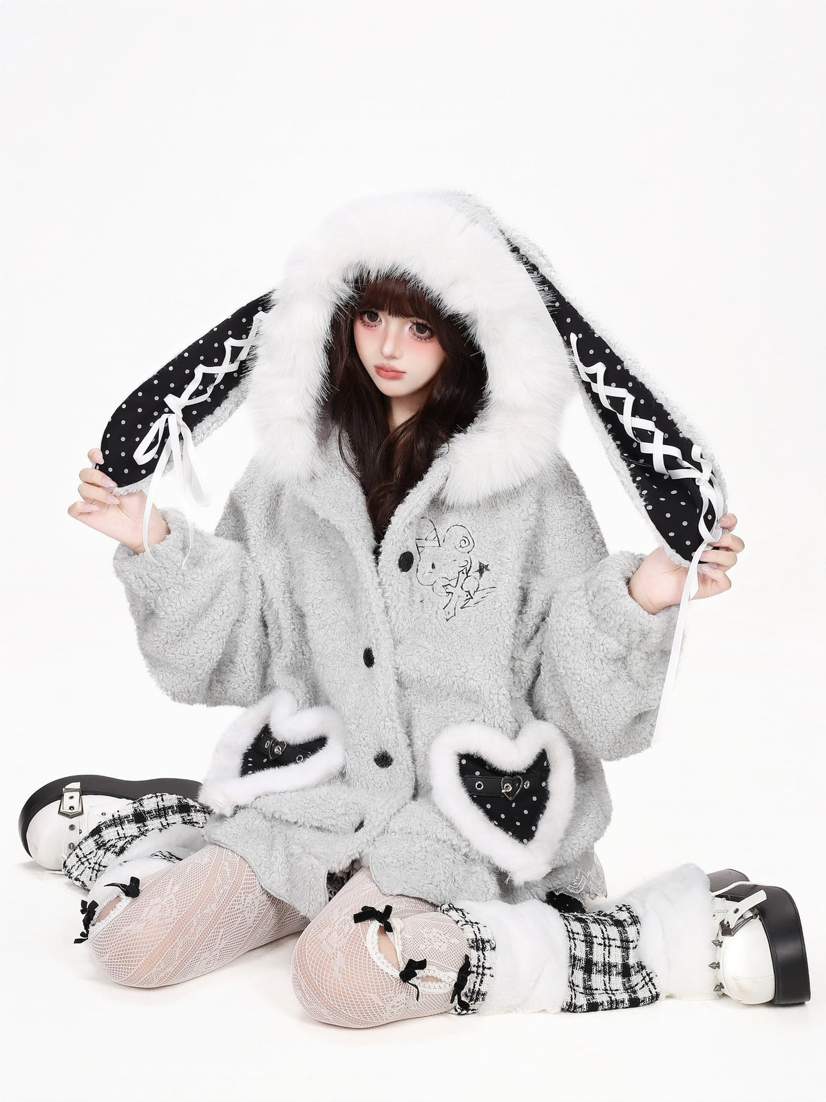 CRAZYGIRL Polka Dot Lace Up Bunny Ear Hooded Women&