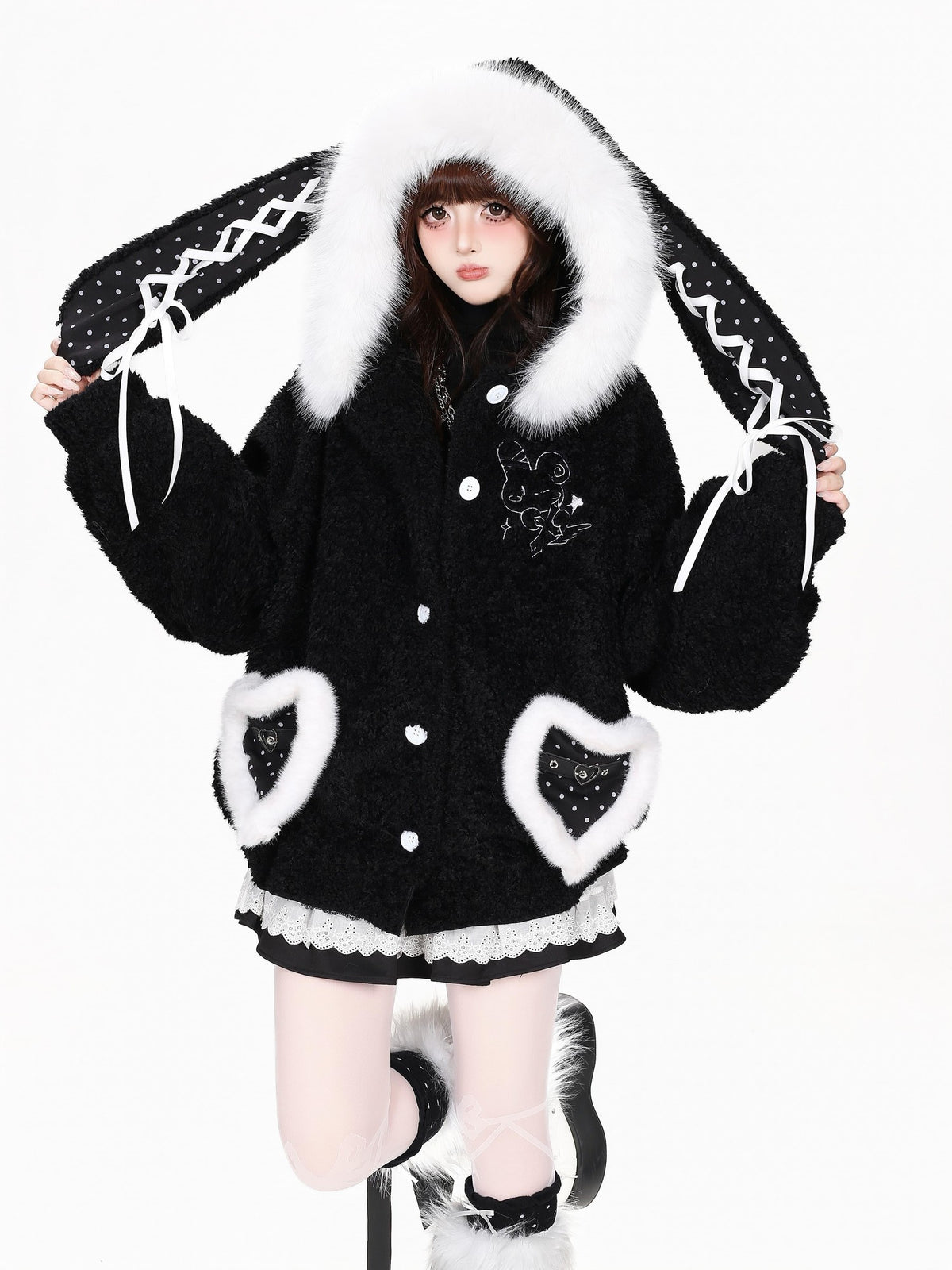 CRAZYGIRL Polka Dot Lace Up Bunny Ear Hooded Women&