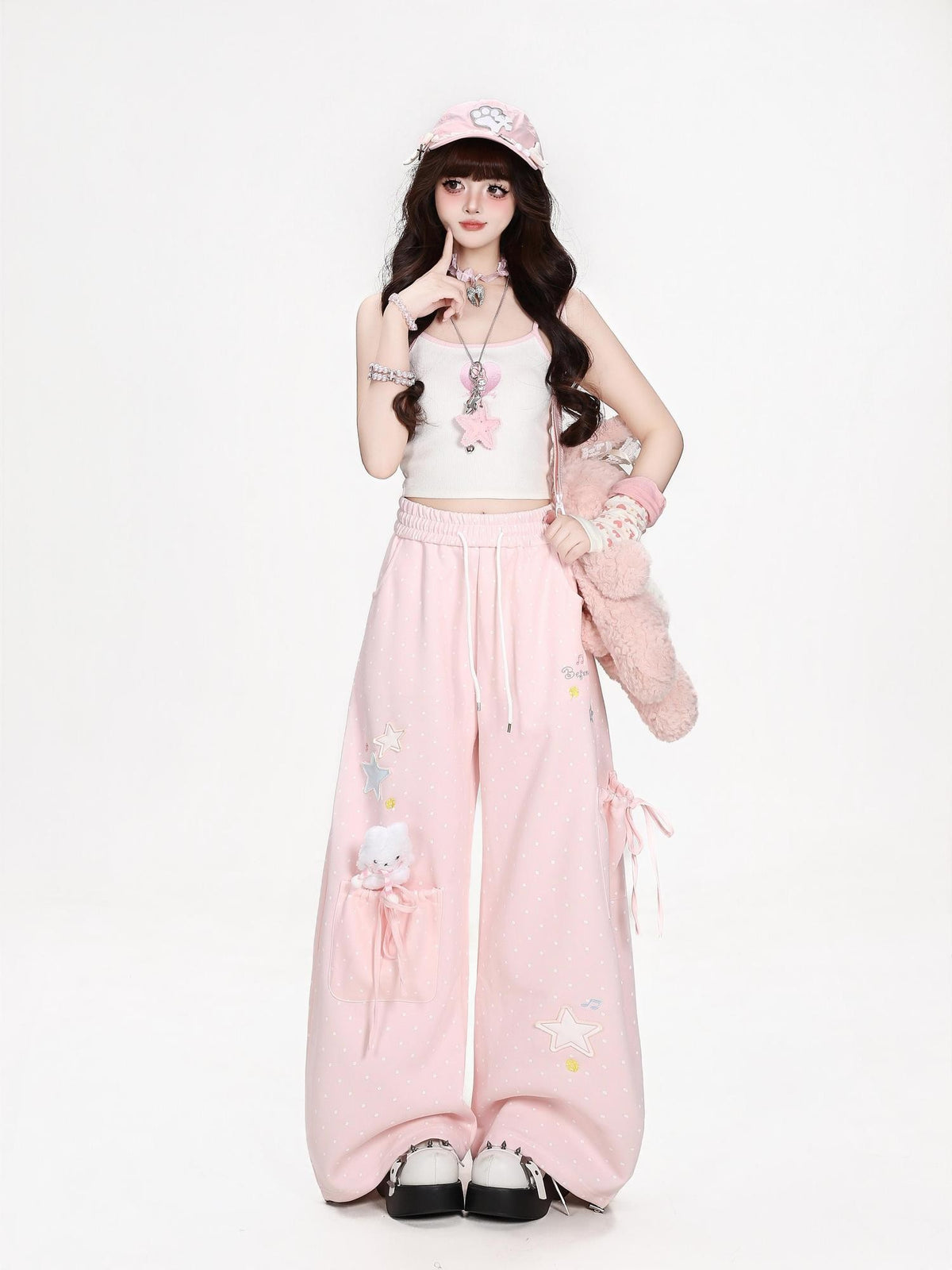 CRAZYGIRL Polka Dot Star Print High Waist Wide Leg Pocket Women&