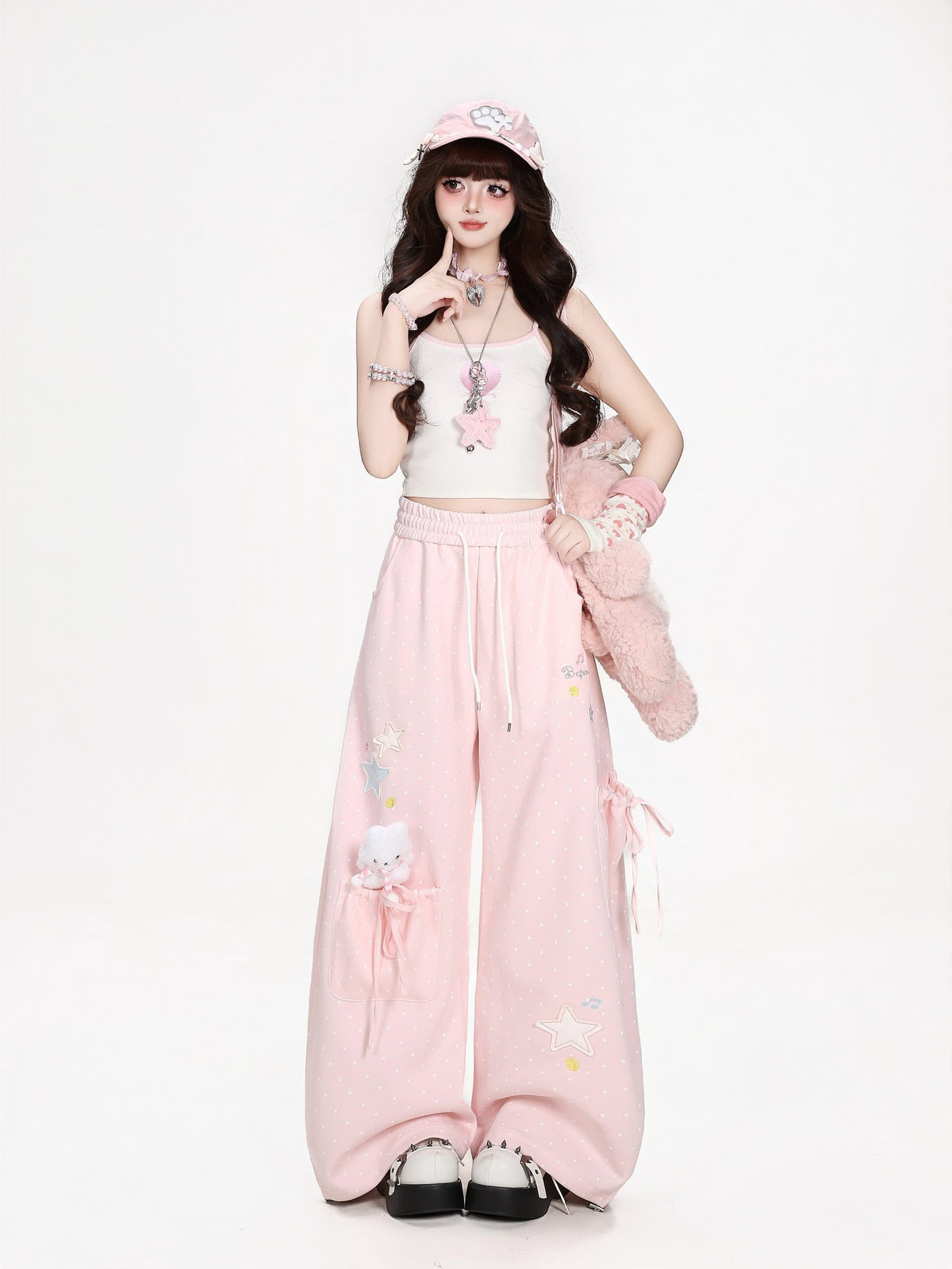 CRAZYGIRL Polka Dot Star Print High Waist Wide Leg Pocket Women&