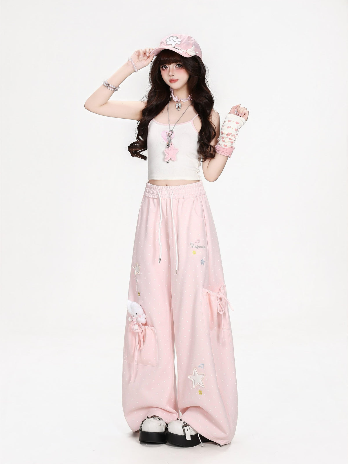 CRAZYGIRL Polka Dot Star Print High Waist Wide Leg Pocket Women&