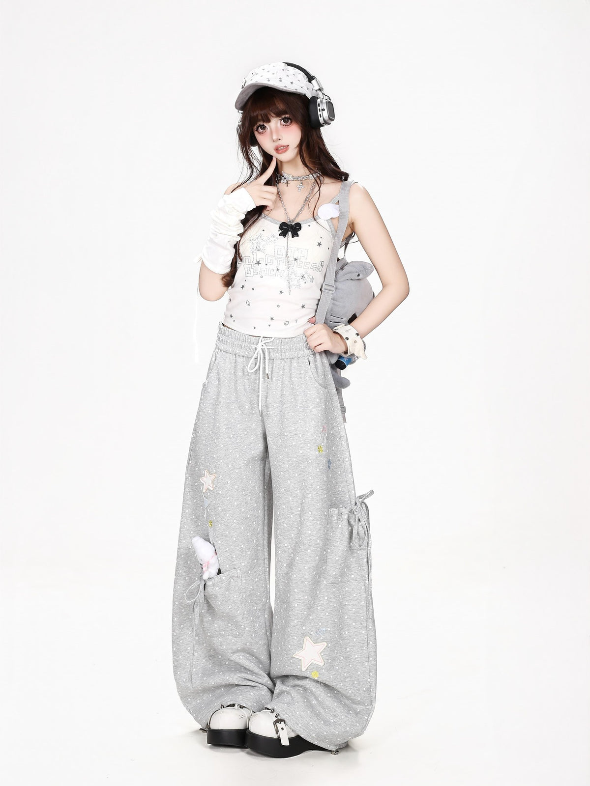 CRAZYGIRL Polka Dot Star Print High Waist Wide Leg Pocket Women&