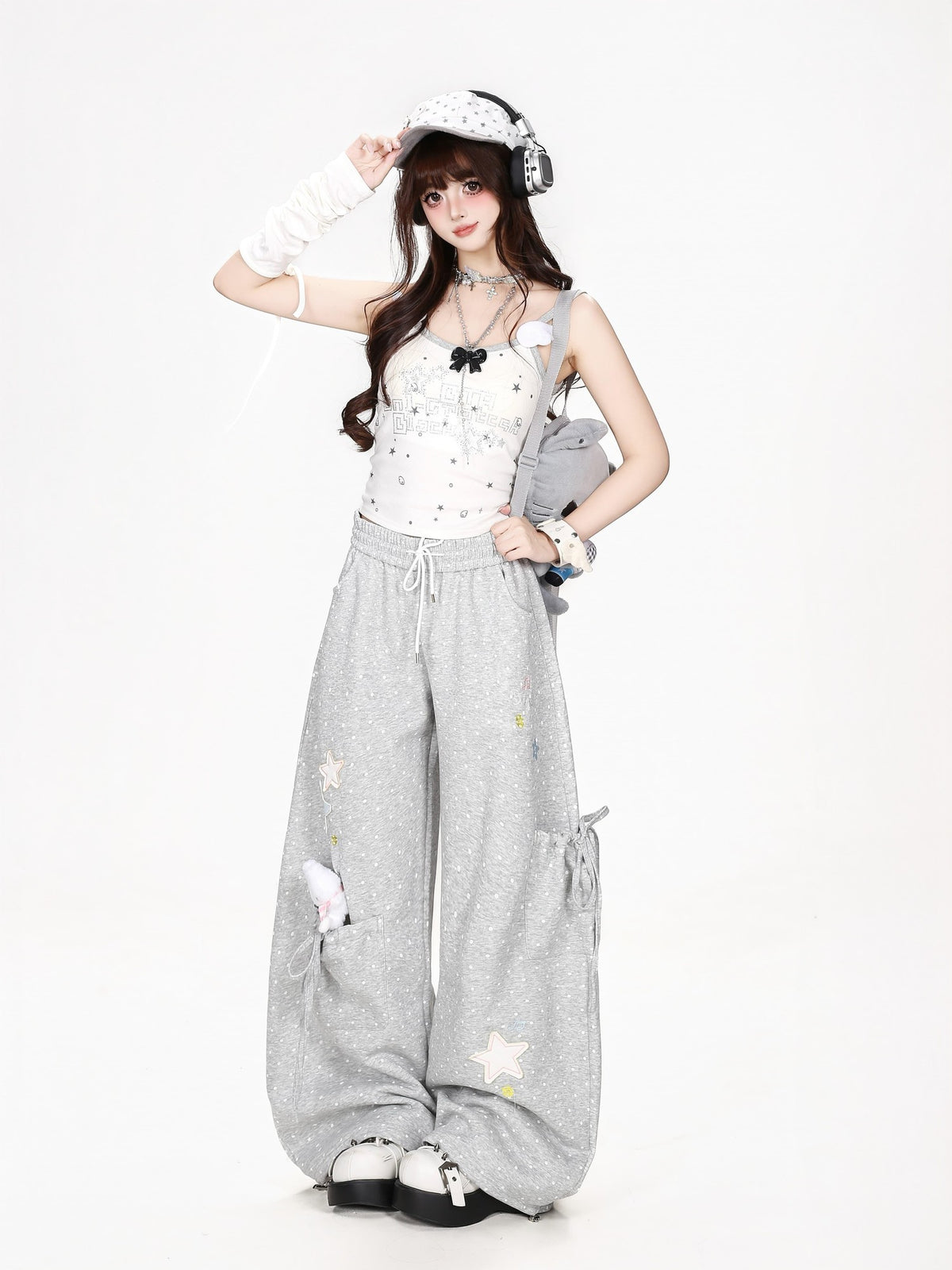 CRAZYGIRL Polka Dot Star Print High Waist Wide Leg Pocket Women&