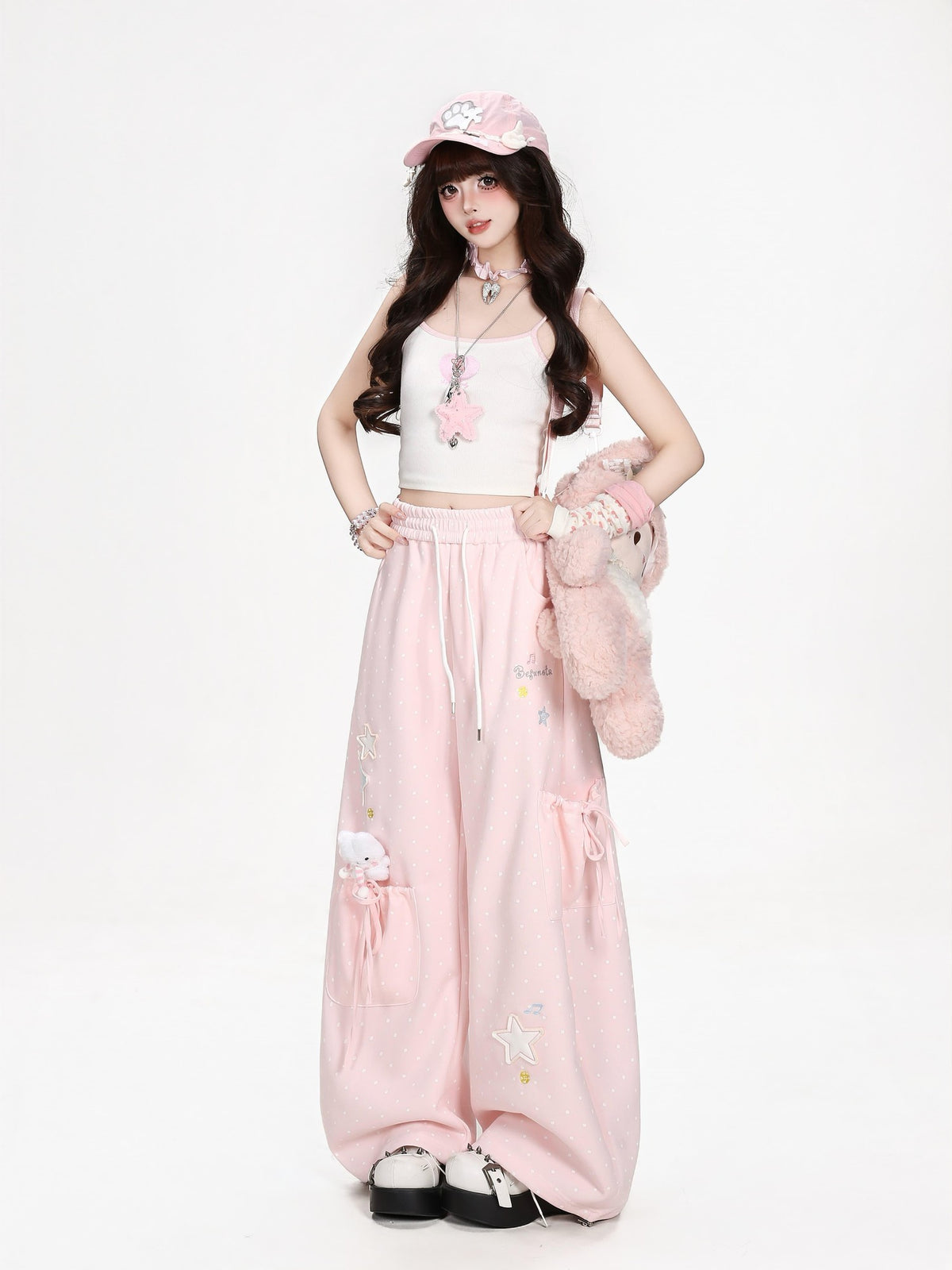 CRAZYGIRL Polka Dot Star Print High Waist Wide Leg Pocket Women&