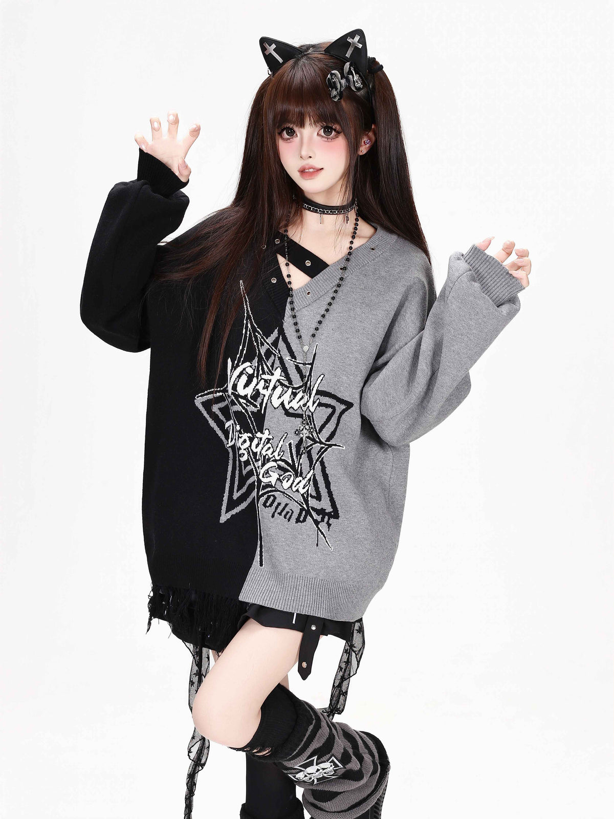 CRAZYGIRL_Star_Color_Block_V-neck_Asymmetric_Loose_Knit_Women&