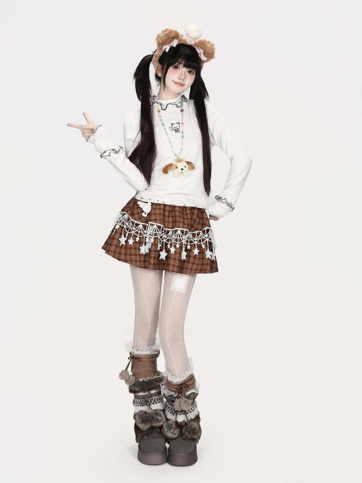 CRAZYGIRL Star Lace Trim Plaid Elastic Waist Tiered Women&